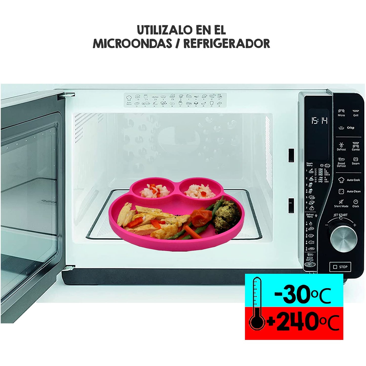 BBERIZOS Plato Antideslizante Cuchara Suave Encías Set Alimentación de Silicona para Bebe Infantil con Divisiones para Niños Grado Alimenticio para Papillas Alimentos Sólidos Snakcs Sin BPA Sin PVC (Fiucsa)