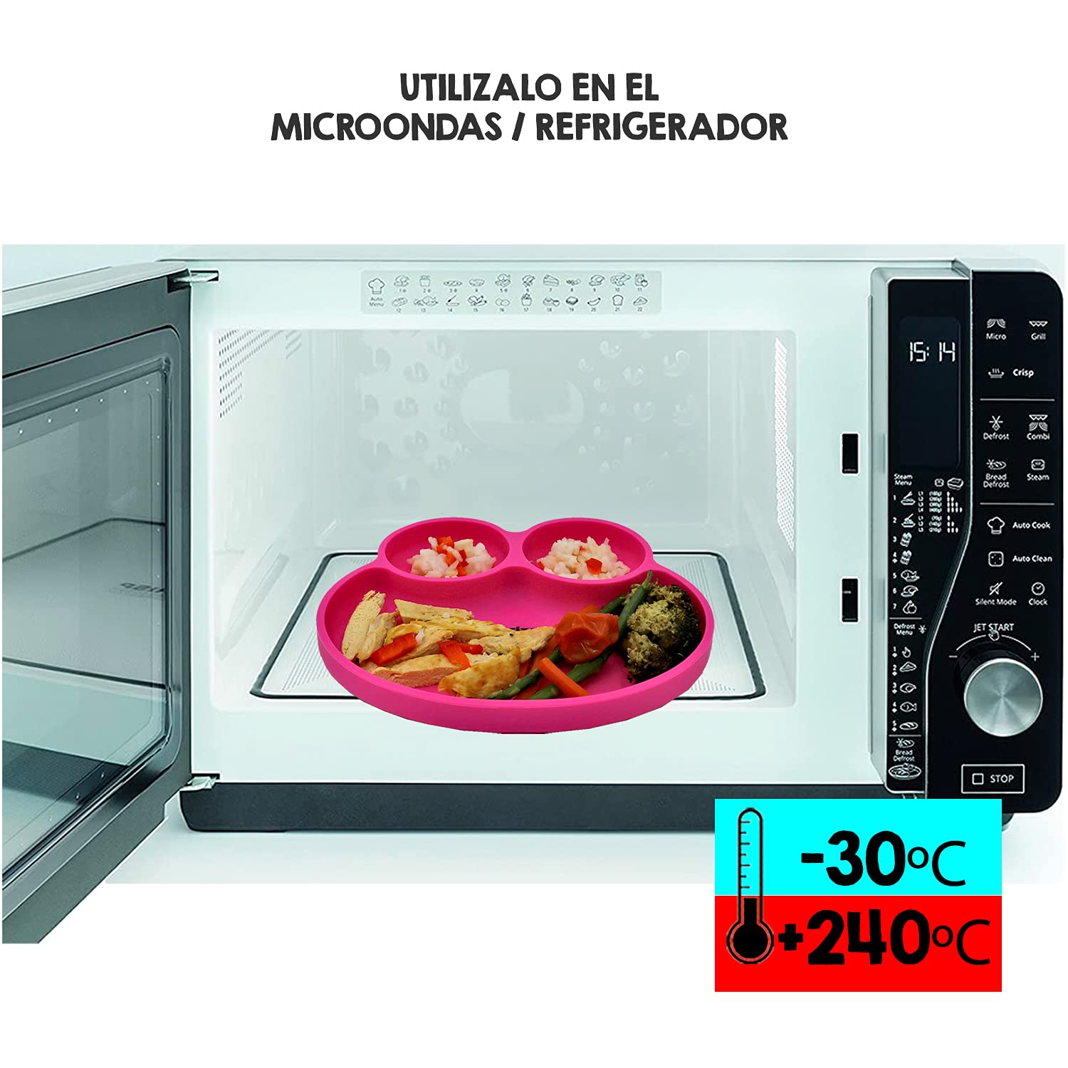 BBERIZOS Plato Antideslizante Cuchara Suave Encías Set Alimentación de Silicona para Bebe Infantil con Divisiones para Niños Grado Alimenticio para Papillas Alimentos Sólidos Snakcs Sin BPA Sin PVC (Fiucsa)