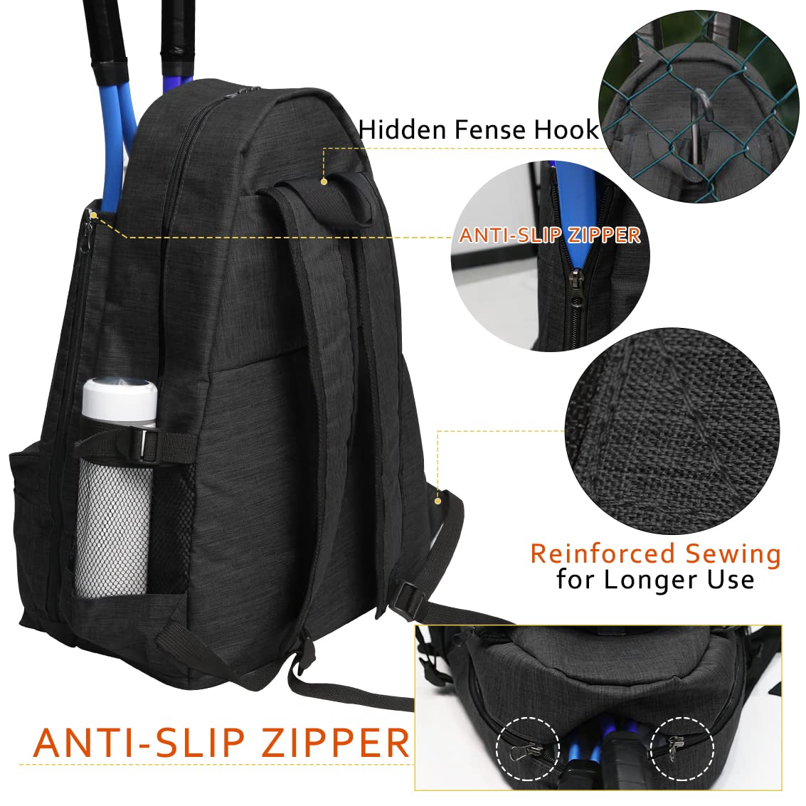 Layway - Mochila de tenis para hombres y mujeres, bolsa de raquetas de tenis para llevar raquetas de racquetball, squash, bádminton, pickleball y otros accesorios deportivos de viaje (negro)