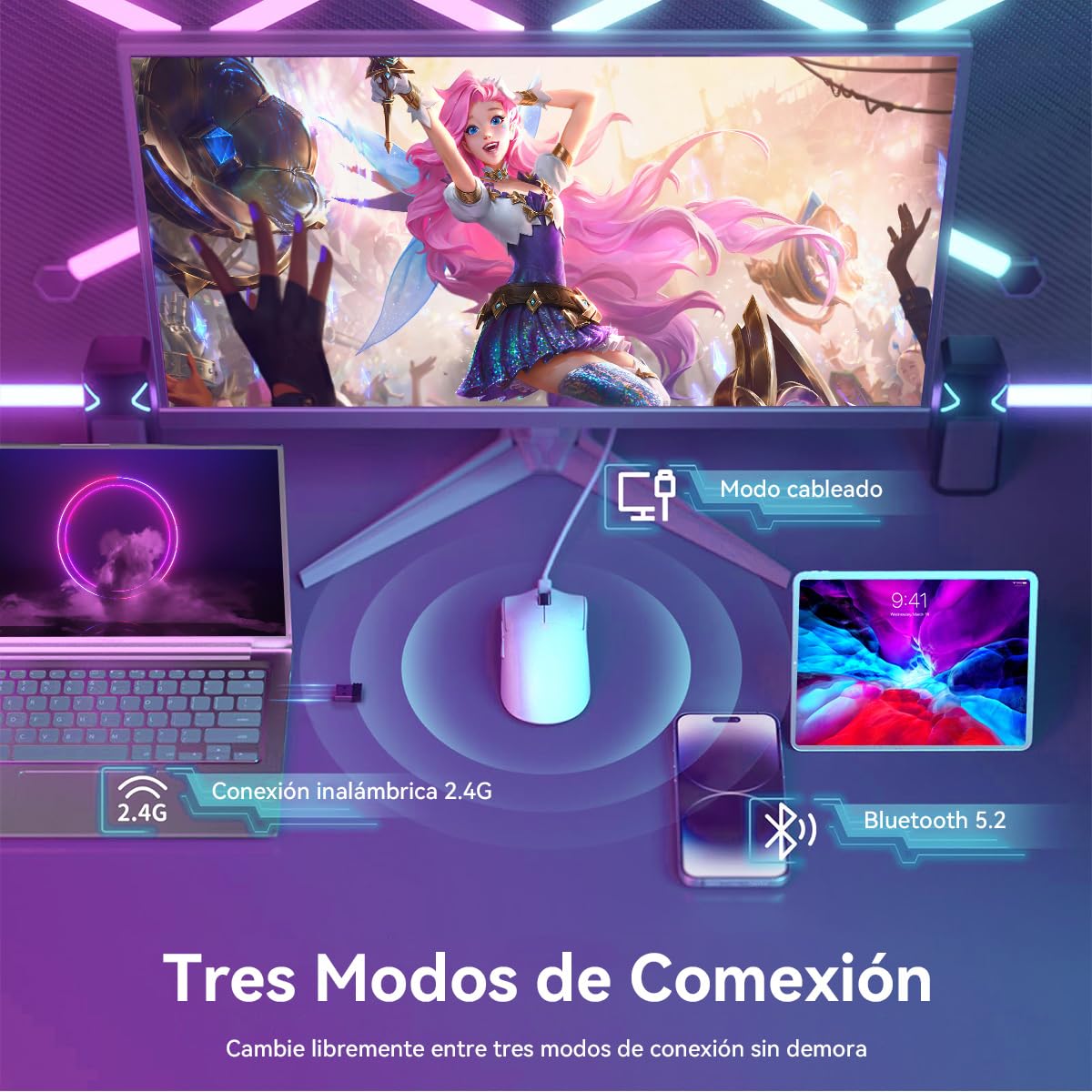 ATTACK SHARK X11 Mouse Inalámbrico con Base de Carga RGB, Mouse Gamer Ultraligero para Juegos, 2.4 GHz/Bluetooth/USB-C de 3 Modos, 24000DPI, 5 Botones programables para PC/Mac
