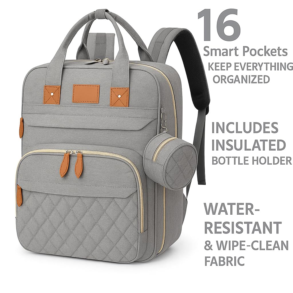 Koskids - Mochila para pañales Bolsa grande para pañales de viaje. Bolsa de pañales impermeable multifuncional con cambiador, puerto USB, correas de carriola y estuche para chupete, Gris, Large,