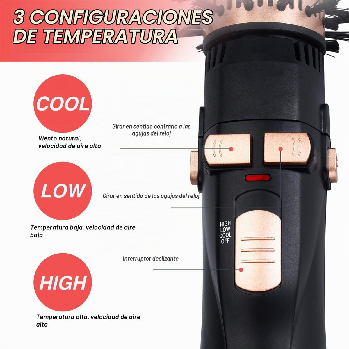 Kit de Cepillo Giratorio BEAUTIMETER Negro y Dorado con Aire Caliente Iónico 3 en 1