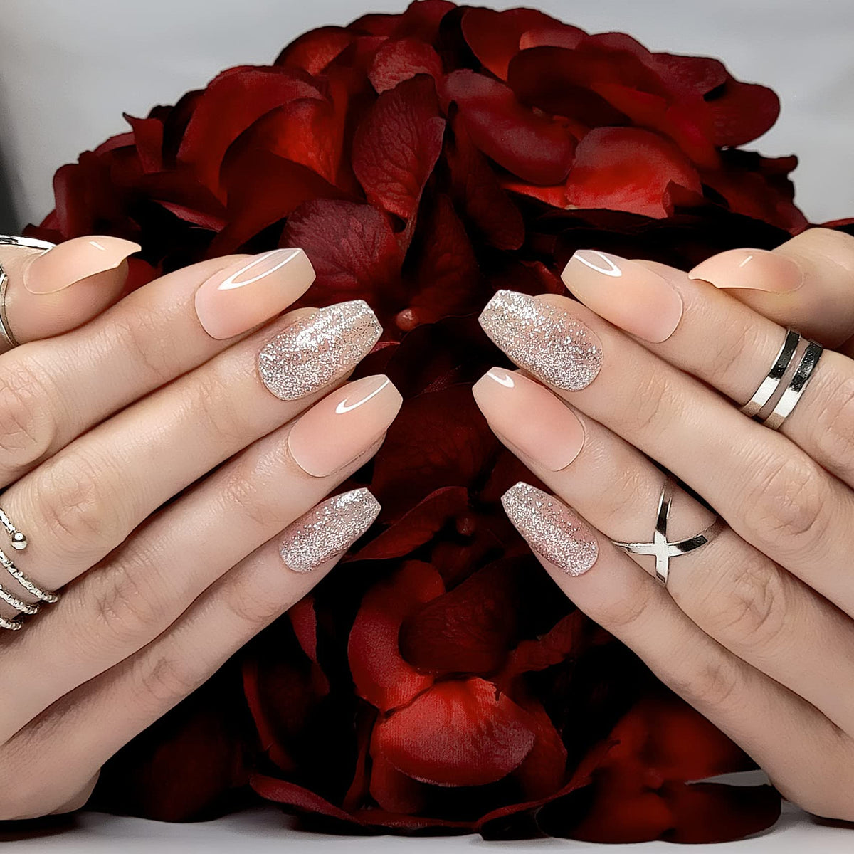 Hypnaughty 24 Pcs Nude Ballerina Press On Nails with Glue Medium Short Length Fake Nails with Glitter Design Glossy Acrylic Press On Nails Full Cover (Nude)
