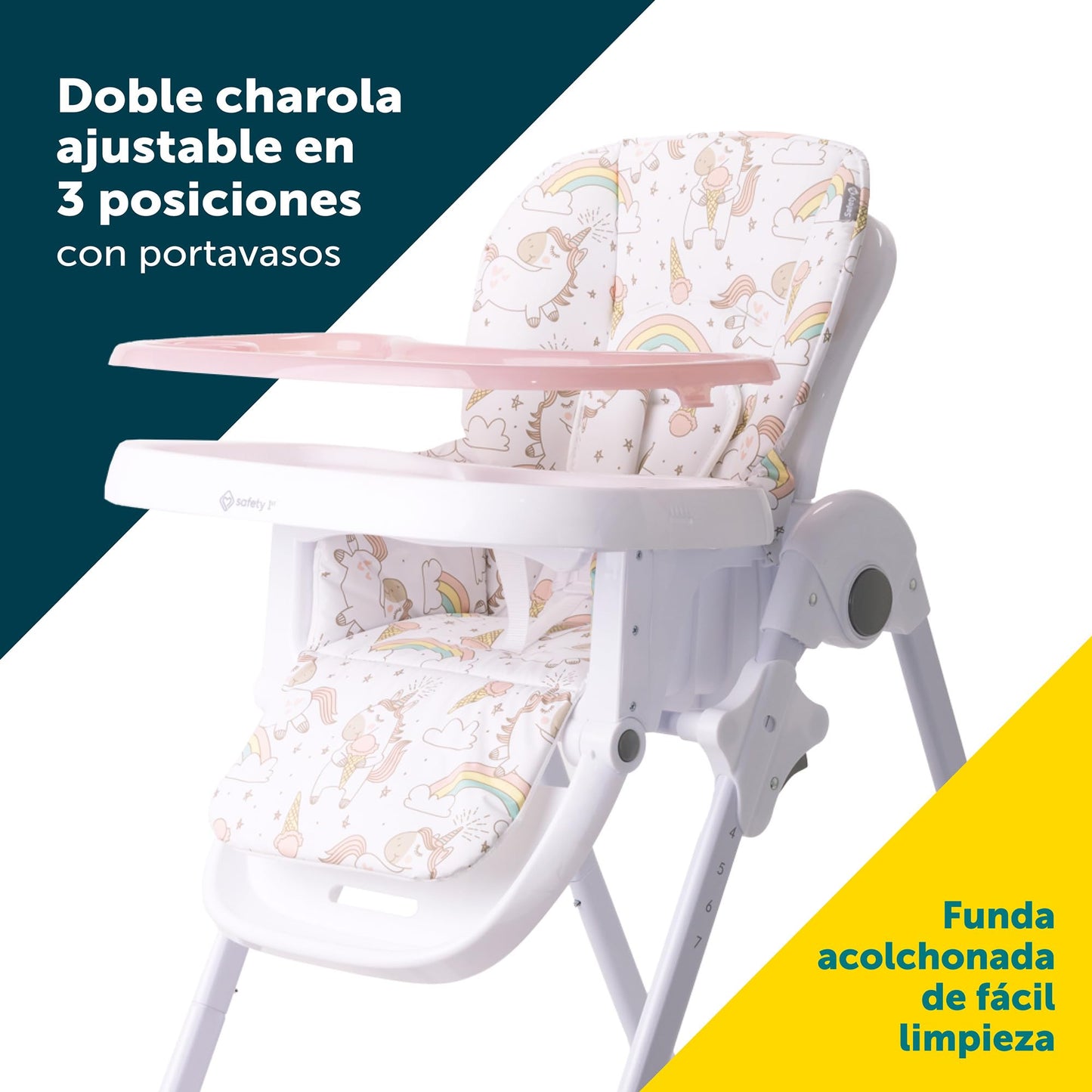 Safety 1st Silla Alta Periquera Tavola, Unicornios, 7 posiciones de altura, 3 de reclinación, reposapiés ajustable, doble charola, plegado compacto.
