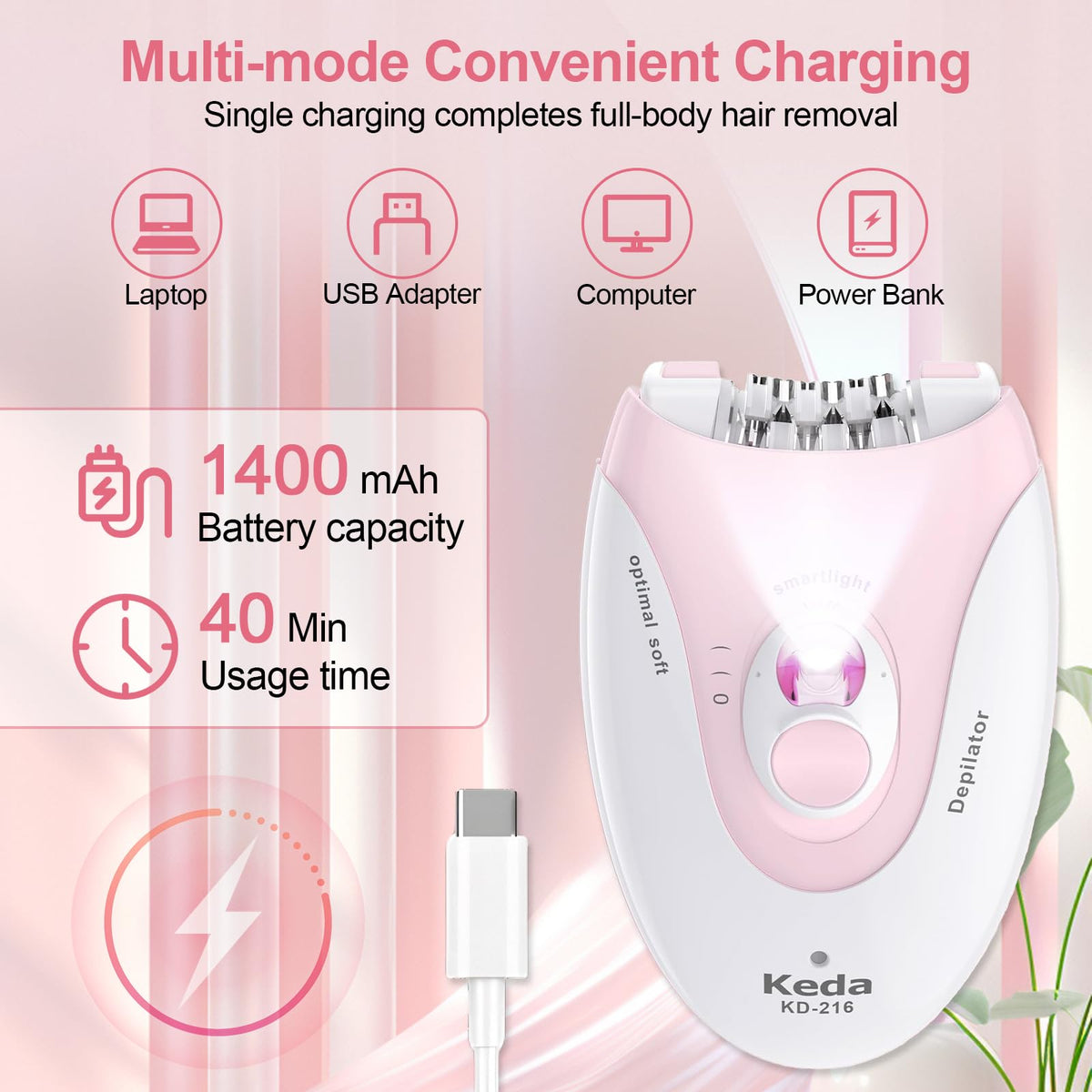 Smooth Glide Depiladora para mujer, depiladoras con luz LED, dispositivo de depilación facial de 2 velocidades, con una almohadilla de masaje vibrante y 36 pinzas para axila, brazo, pierna, bikini