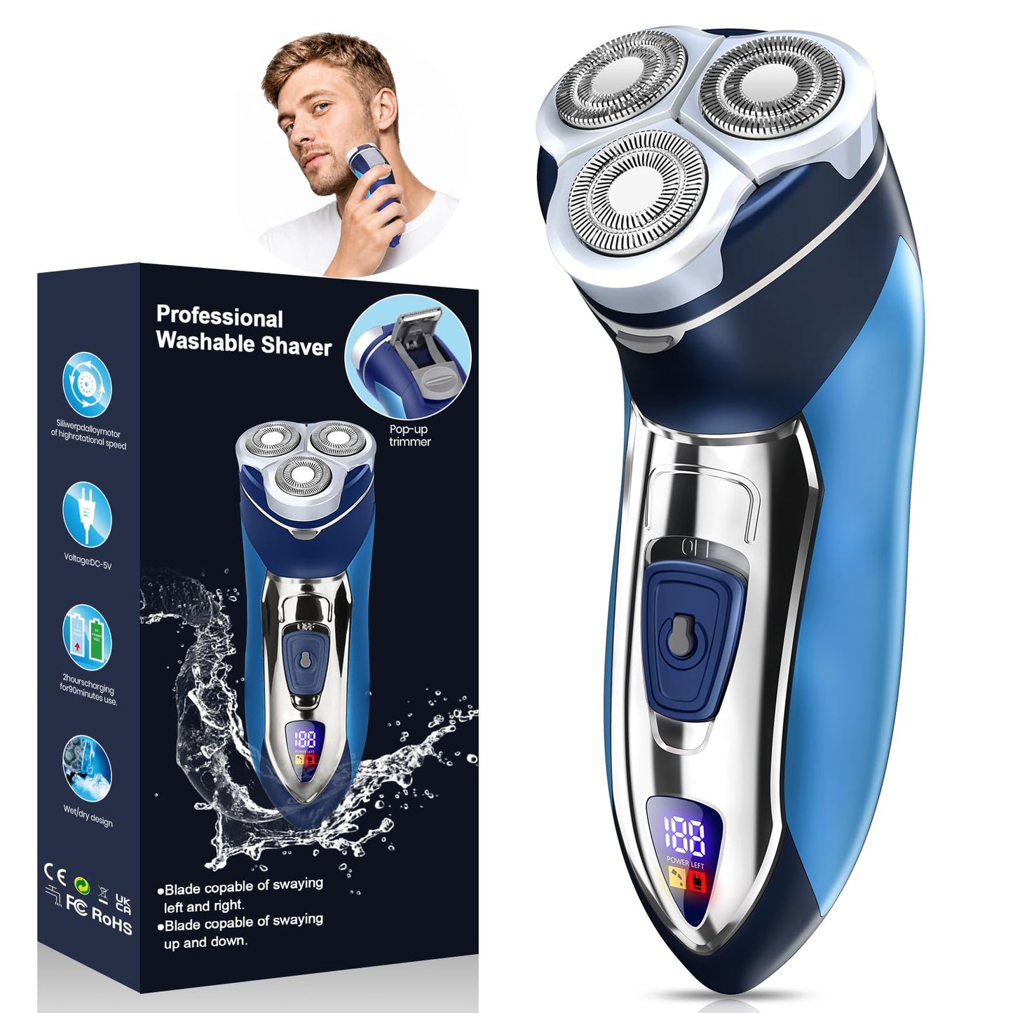 Maquinilla de afeitar eléctrica para hombres, afeitadoras eléctricas rotatorias, pantalla LED impermeable, maquinilla de afeitar eléctrica para hombres con maquinilla de afeitar portátil de viaje, un