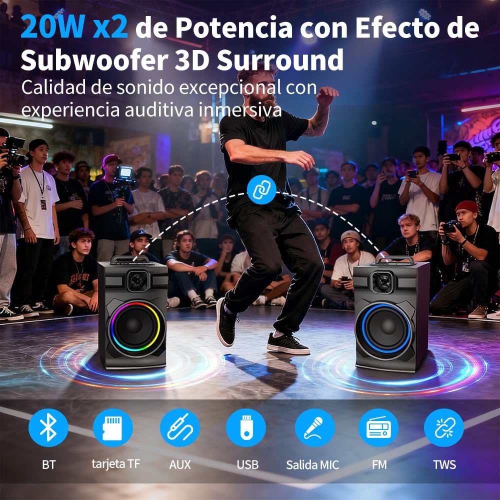 AIRAMP Bocina Portatil Bluethooth de 20W con Subwoofer Activo Karaoke Bocina y Micrófono Inalámbrico,Bocina Bluetooth Grande Caja de Madera, Sonido Estéreo, Batería Recargable, TWS, USB/TF/AUX/FM