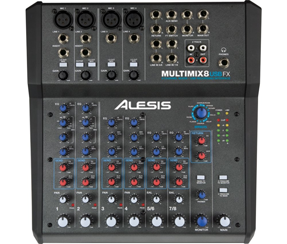 Alesis MultiMix 8 USB FX - Mezclador de estudio de 8 canales con efectos incorporados e interfaz audio USB para sonido en directo y grabación en casa