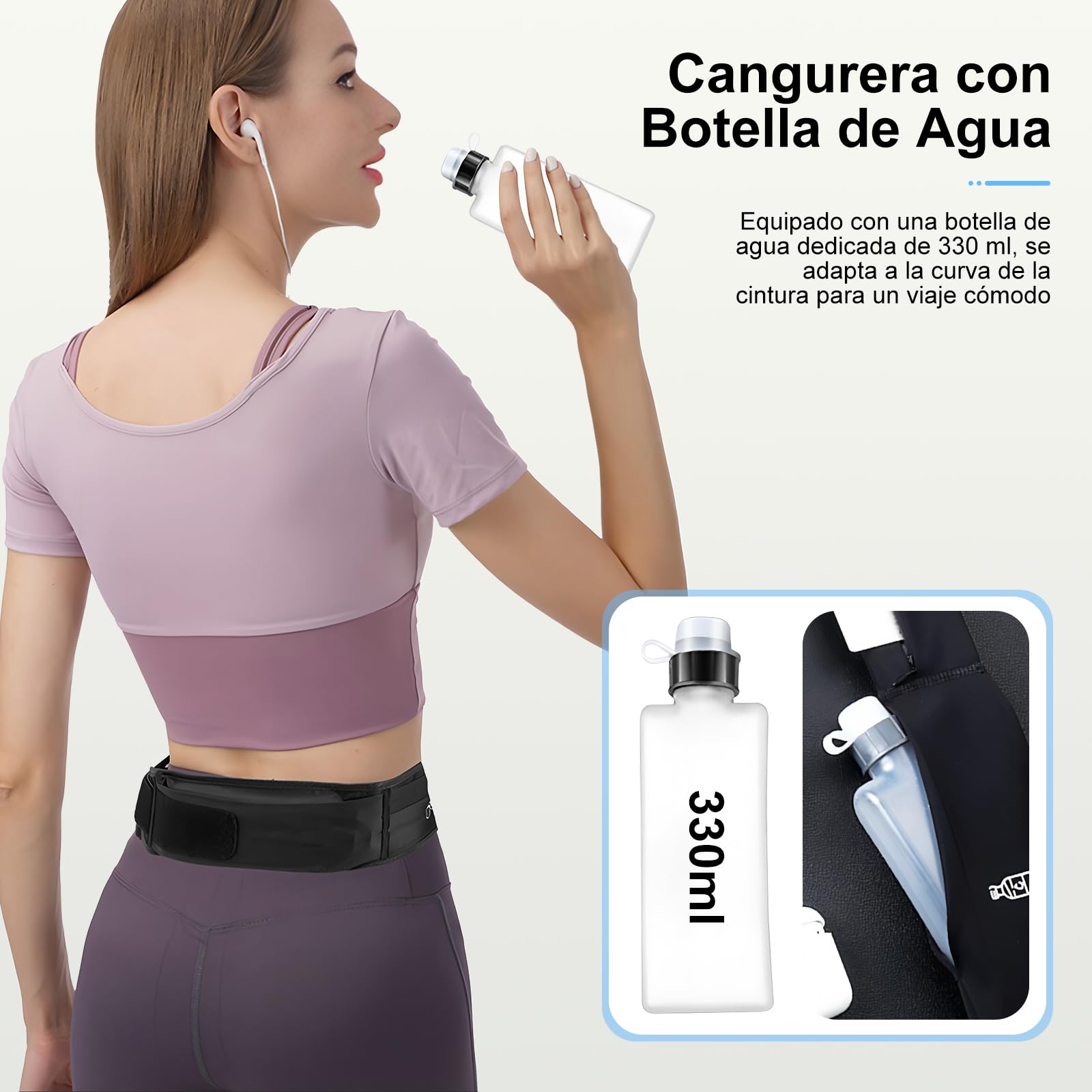 HONGHCL Cangurera para Correr con Botella de Agua 330ml - 2 Tallas Ajustables Cangurera Deportiva, Impermeable Riñonera para Correr, Gimnasio, Senderismo, S/M（Cintura 60-80cm）