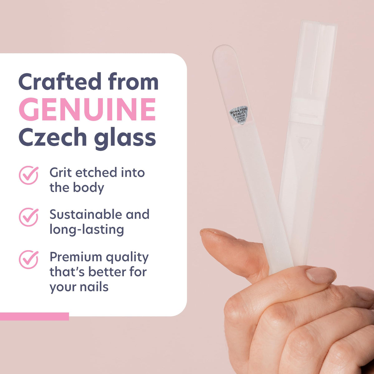 BONA FIDE BEAUTY Lima de Uñas de Cristal Checa (Transparente) - Lima de Cristal para Uñas Naturales con Estuche Rígido Transparente, Regalo para Mujeres