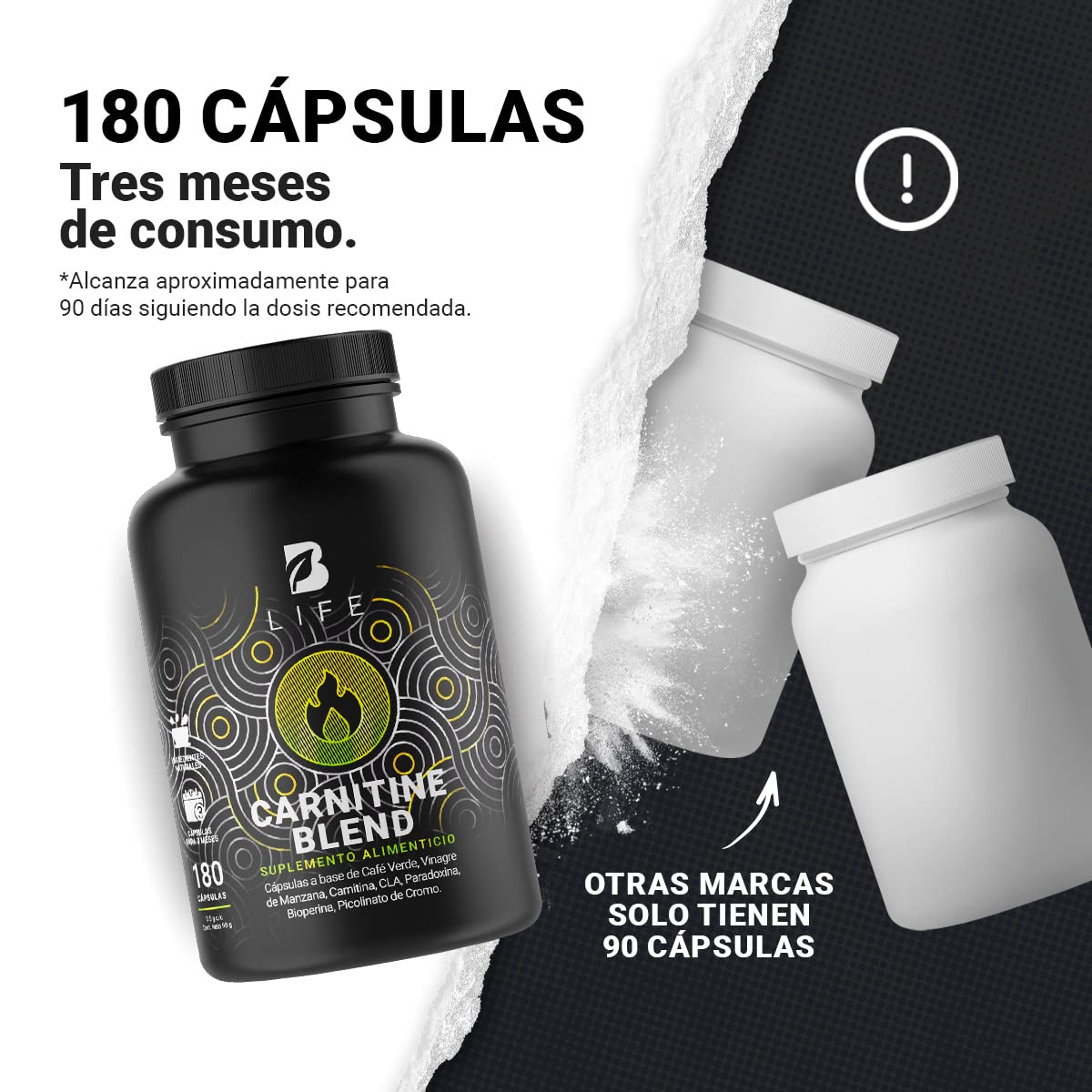 Carnitina de 180 Cápsulas con Café Verde, Carnitina, Vinagre de Manzana, CLA y Picolinato de Cromo. Carnitine Blend B Life.