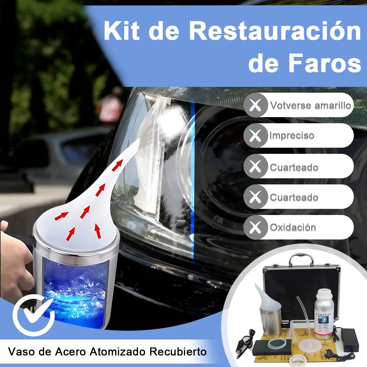 Kit de Restauración de Faros Delanteros de Coche, 14 Pzs Herramientas de Reparación de Pulido de Automóvil, Renovación de Arañazos de Lente con Vapor para Eliminar Amarilleo Rasguño Oxidación Neblina