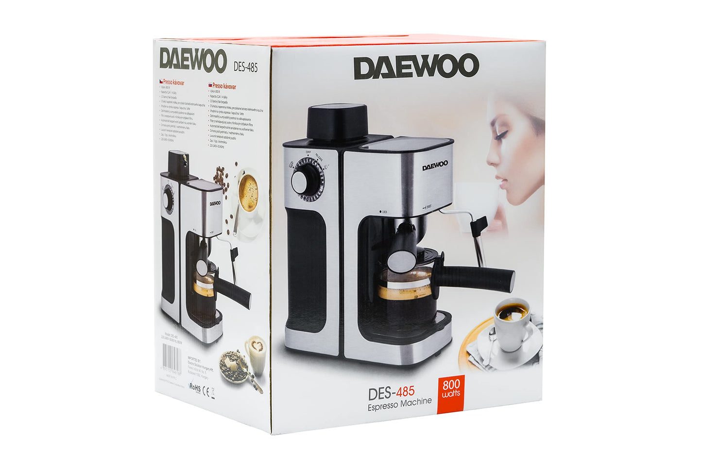 Cafetera Maquina De Espresso Daewoo, 0.24 Lts, bomba de presion 3.5 bar, espumado de leche, filtro de acero inoxidable, plata, modelo DES-485