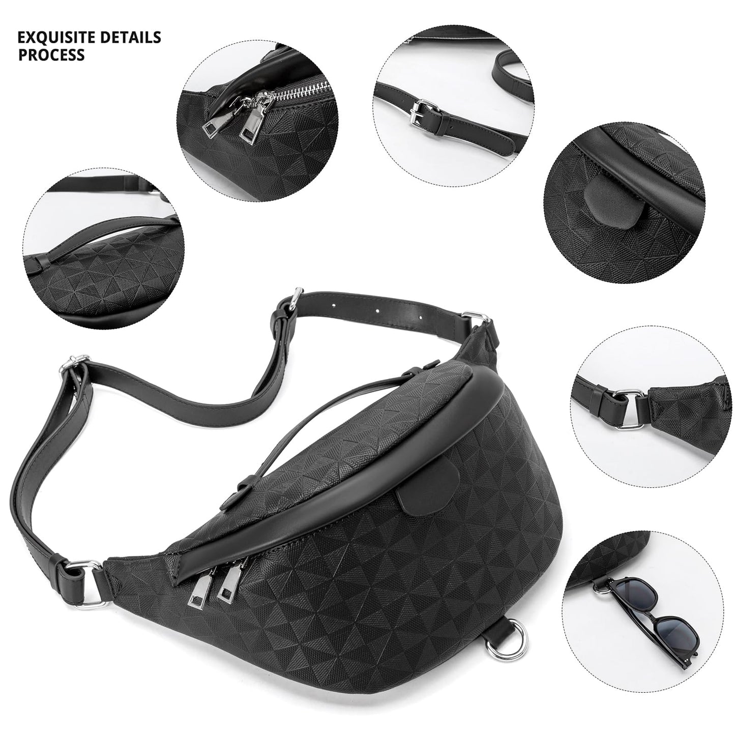 anck Riñonera bandolera para mujer, bolso bandolera para mujer, bolso pequeño en el pecho, riñonera a cuadros para mujer diseñador, moleteado Negro, Bolsa para cinturón