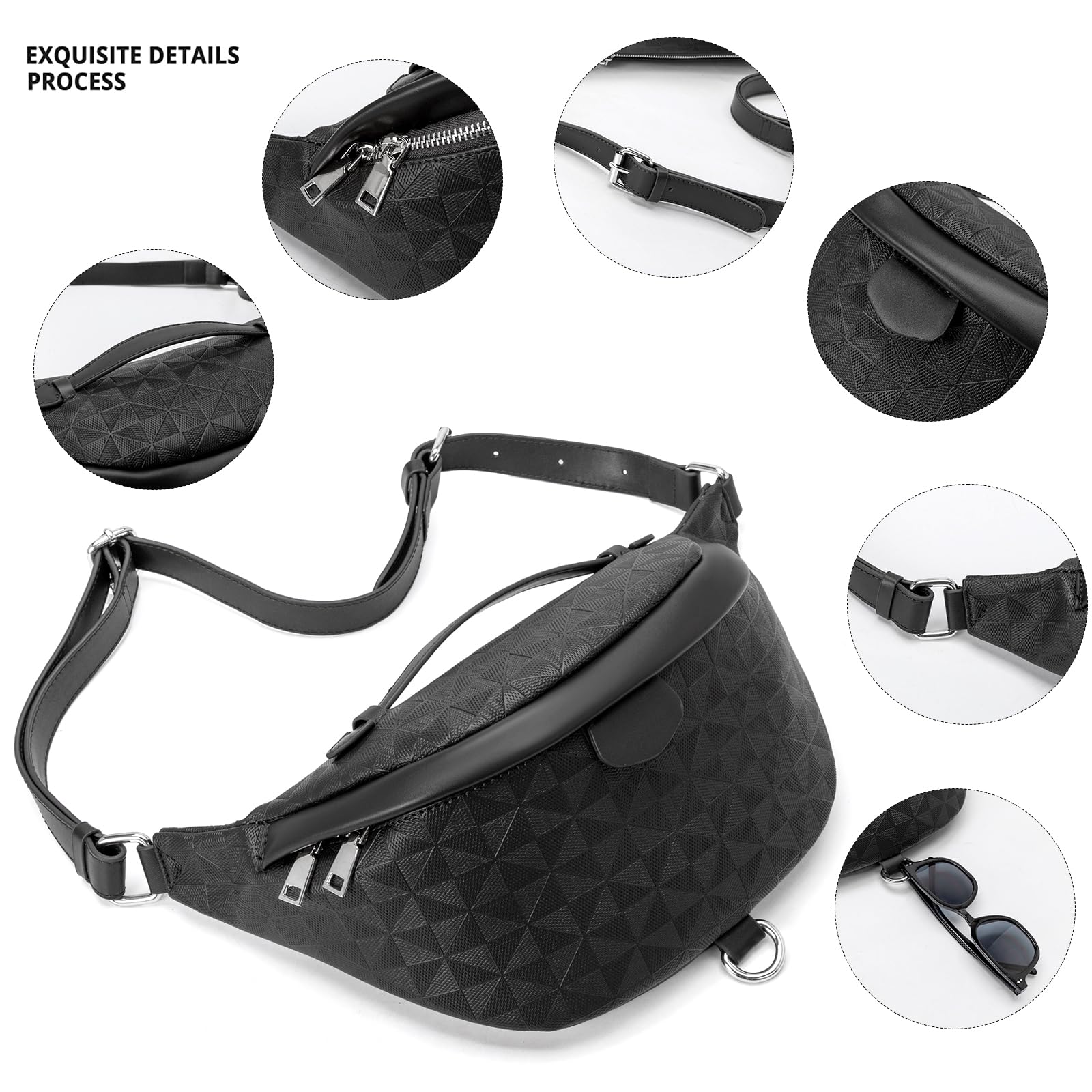 anck Riñonera bandolera para mujer, bolso bandolera para mujer, bolso pequeño en el pecho, riñonera a cuadros para mujer diseñador, moleteado Negro, Bolsa para cinturón