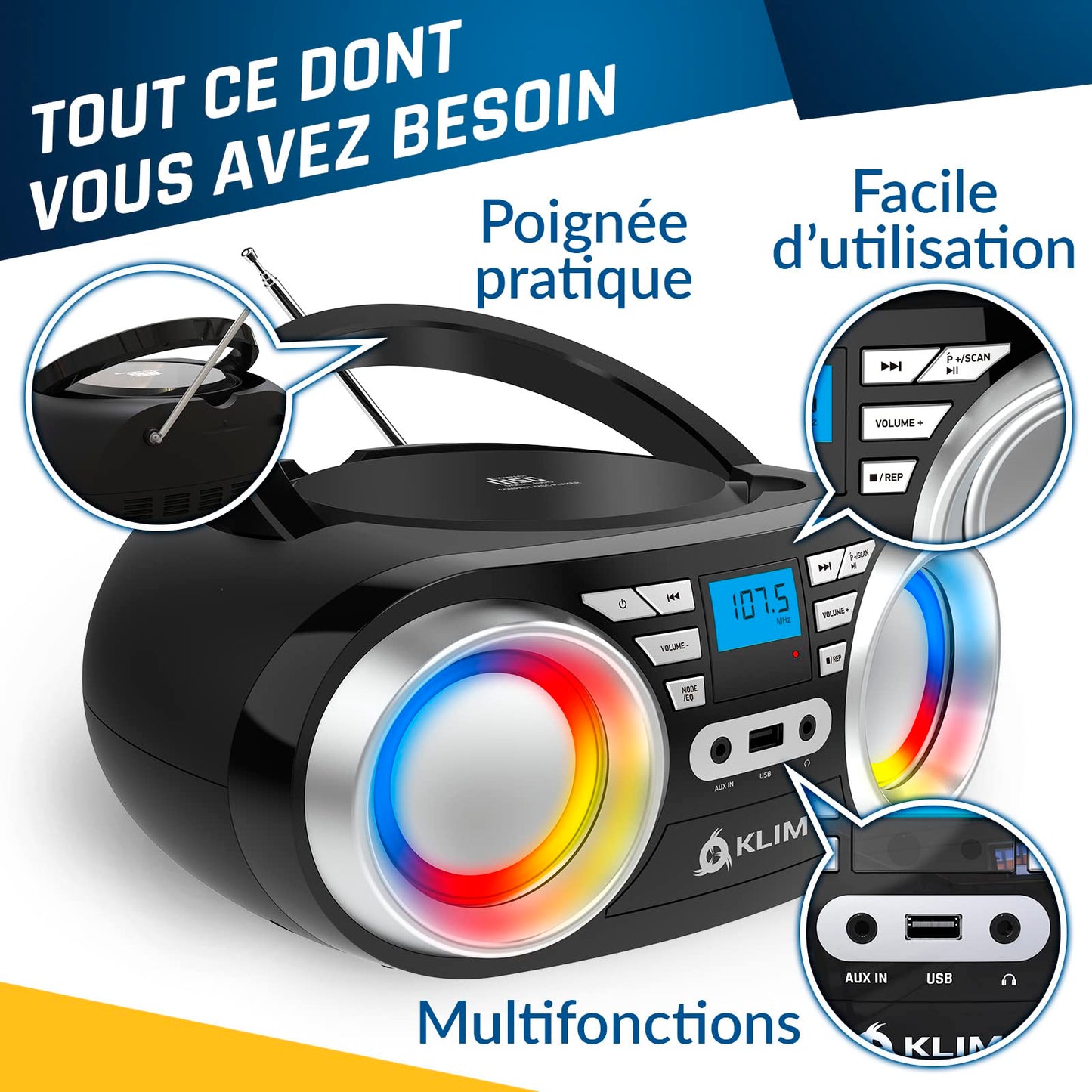 KLIM Boombox B3 - Reproductor de CD portátil con Radio FM y batería Recargable | Luces RGB | Bluetooth, MP3, AUX, Radio FM, CD, USB | Radio CD portátil con ecualización Digital | Nuevo