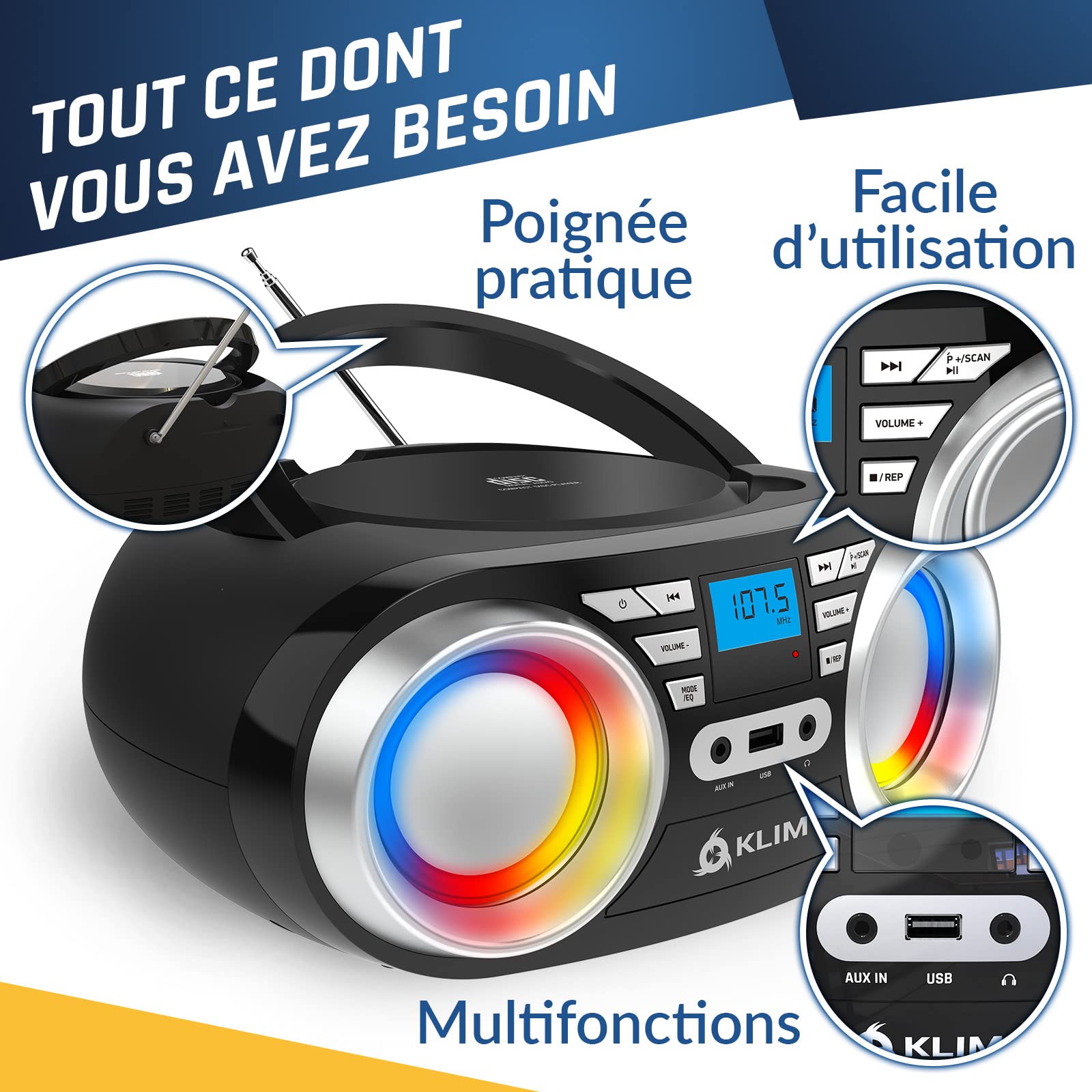 KLIM Boombox B3 - Reproductor de CD portátil con Radio FM y batería Recargable | Luces RGB | Bluetooth, MP3, AUX, Radio FM, CD, USB | Radio CD portátil con ecualización Digital | Nuevo
