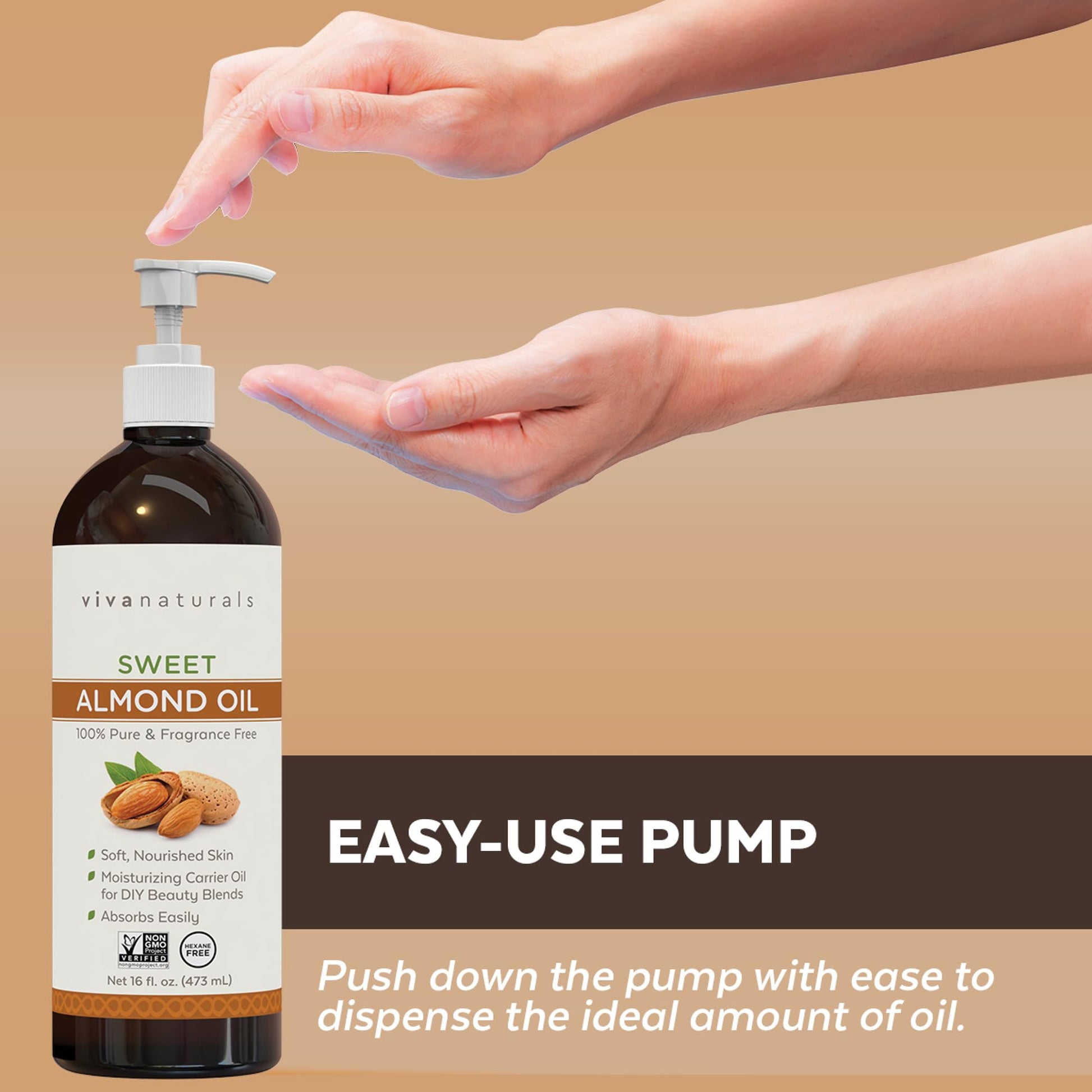 Viva Naturals Sweet Almond Oil 16 fl oz, 100% Pure and Hexane Free, Ideal for Skin and Hair