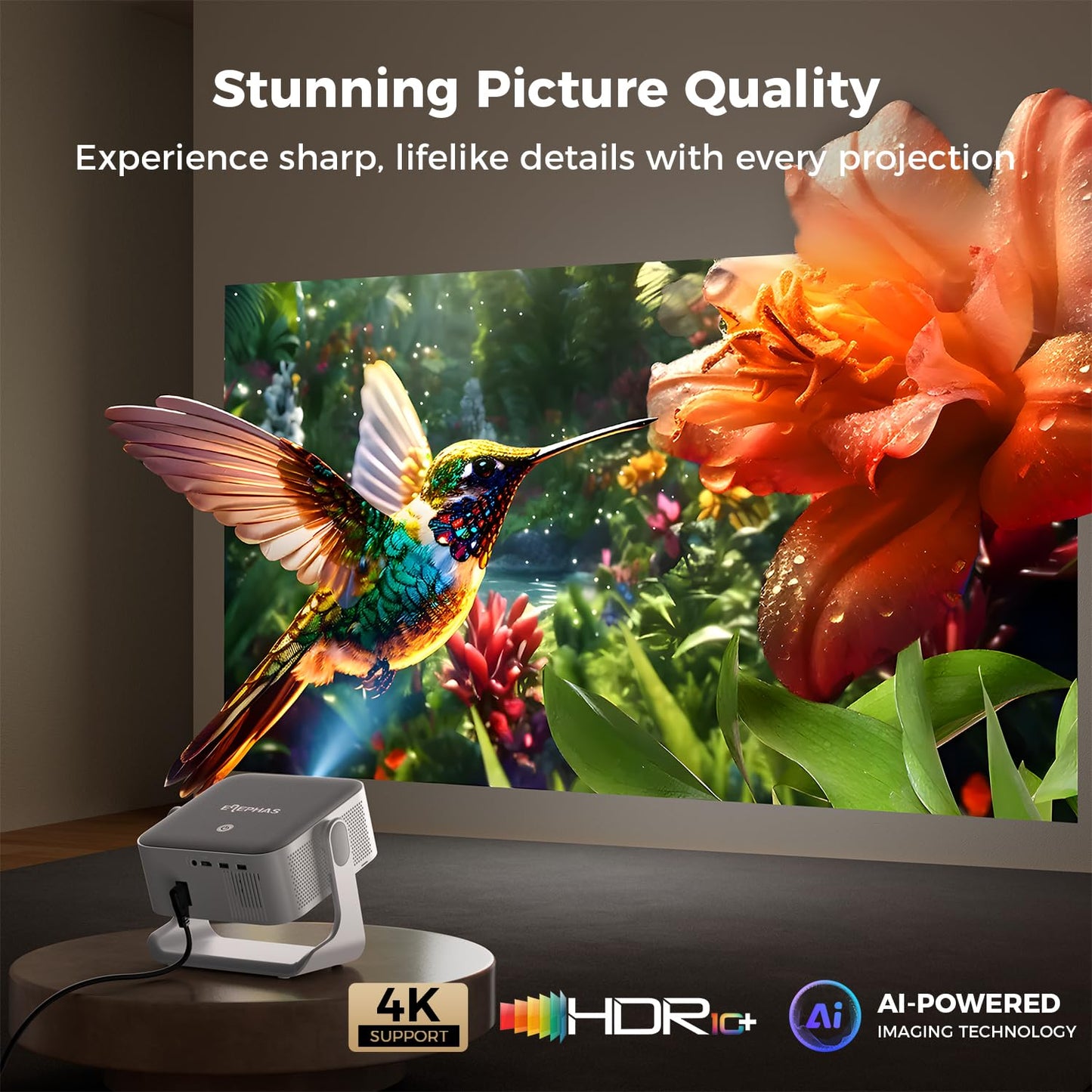 ELEPHAS - Proyector Inteligente 4K con WiFi y Bluetooth, Compatible con Google TV, Netflix, Prime Video, Youtube, Dolby Audio, Auto Focus y Keystone, Giratorio de 270°, proyector de Video para