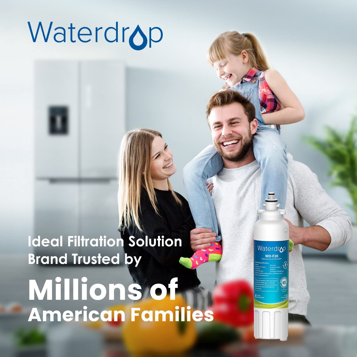 Filtro de Agua para Refrigerador Waterdrop Blanco Certificado NSF 53&42, Compatible con LG LT800P y Kenmore, Pack de 3