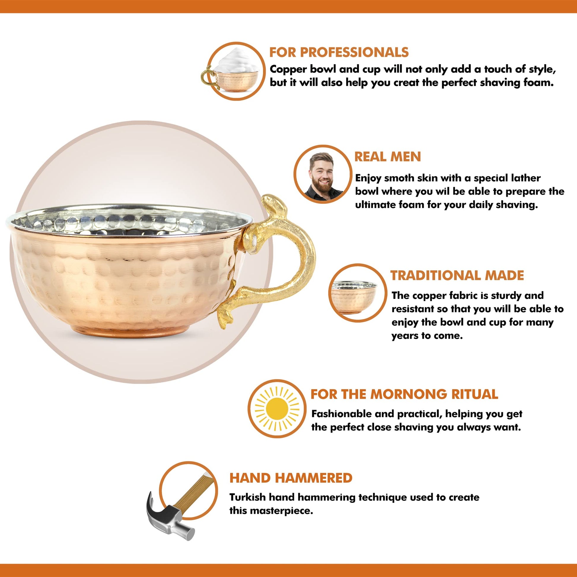 JAIRESTONE - tazón y taza de afeitar de cobre – Tazón de afeitar martillado a mano turco – Soporte de afeitar y cepillo para polvo – Taza de afeitar tradicional – tazón de espuma para afeitar –