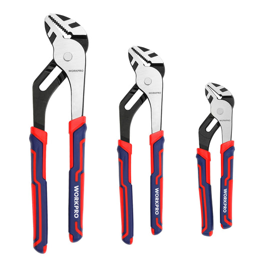WORKPRO Juego de 3 alicates ajustables de 12/10/8 pulgadas, alicates de mandíbula recta en acero CRV para reparación del hogar, agarre, tuercas, pernos, tuberías y accesorios