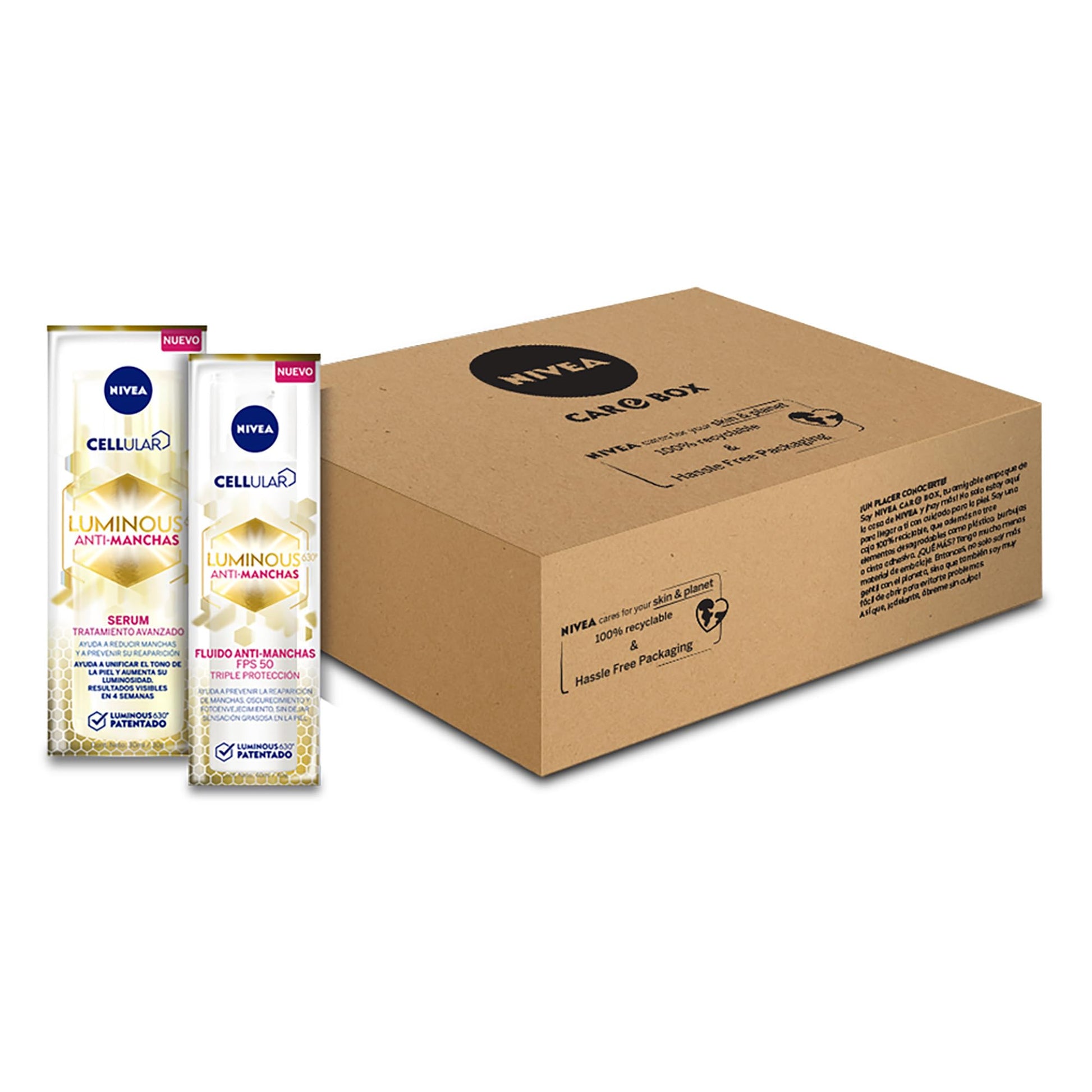 NIVEA Rutina Anti-manchas Rutina Facial Completa Luminous 630 (2 piezas), Enriquecida con Ácido Hialurónico Serum facial 30 ml + Fluido facial FPS50 con Vitamina E 40ml