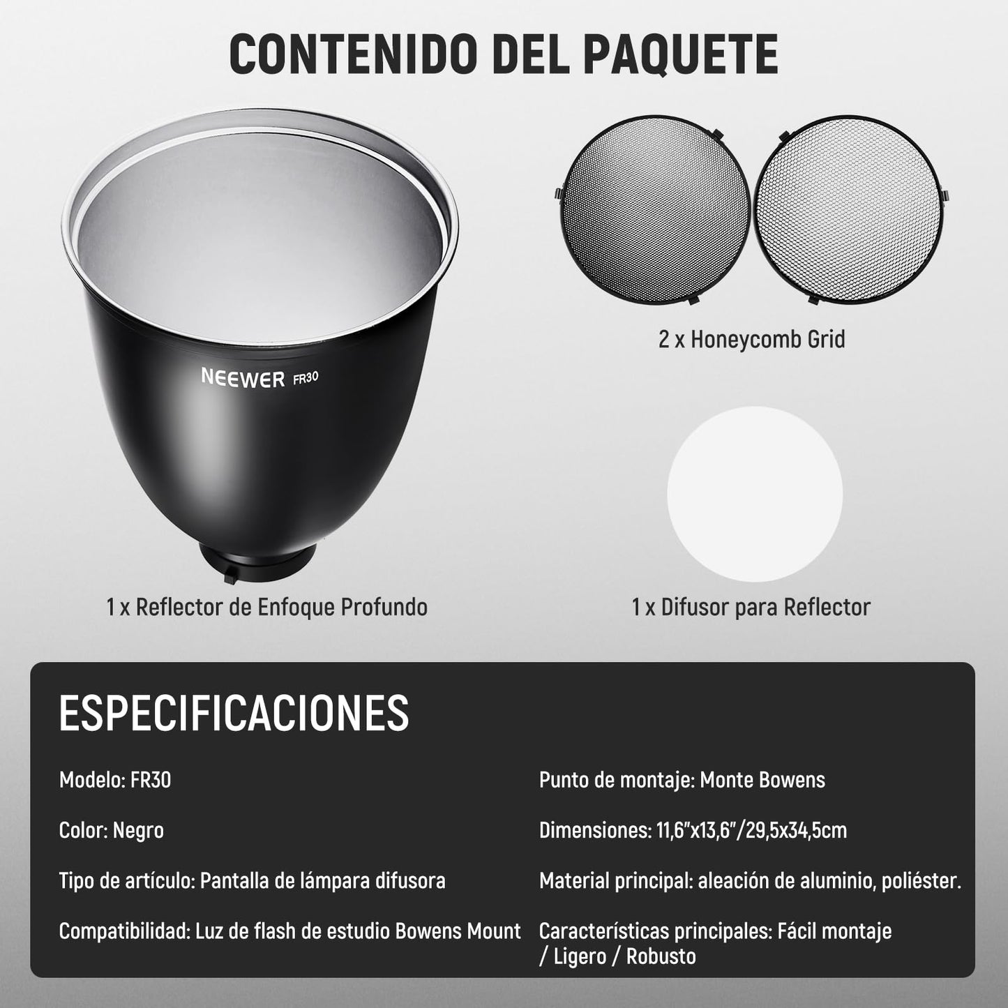 NEEWER 11,6"/29,5cm Soporte Bowens Reflector Enfoque Profundo con 15°/30° Honeycomb Grids y Tela Suave, 45° Pantalla Difusor Compatible con Godox Estudio Strobe Flash Luz Speedlite, FR30