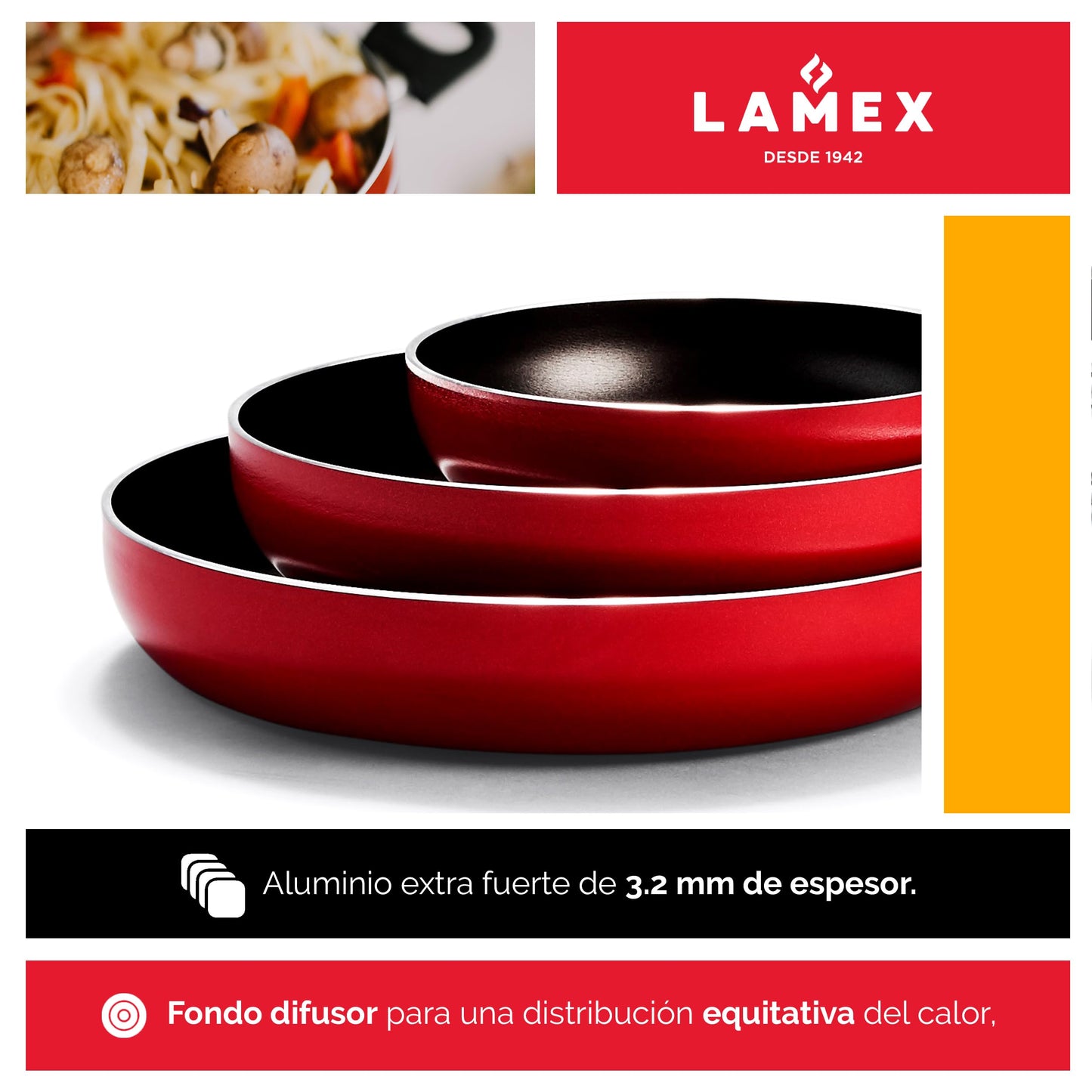 LAMEX | Juego x3 Sartenes Antiadherentes - Profundos | Utensillos de Cocina | Ideal para tu Hogar & Cocina Integral | 18-24-28 cm - Resistencia 3.2 mm de Espesor | Color Rojo