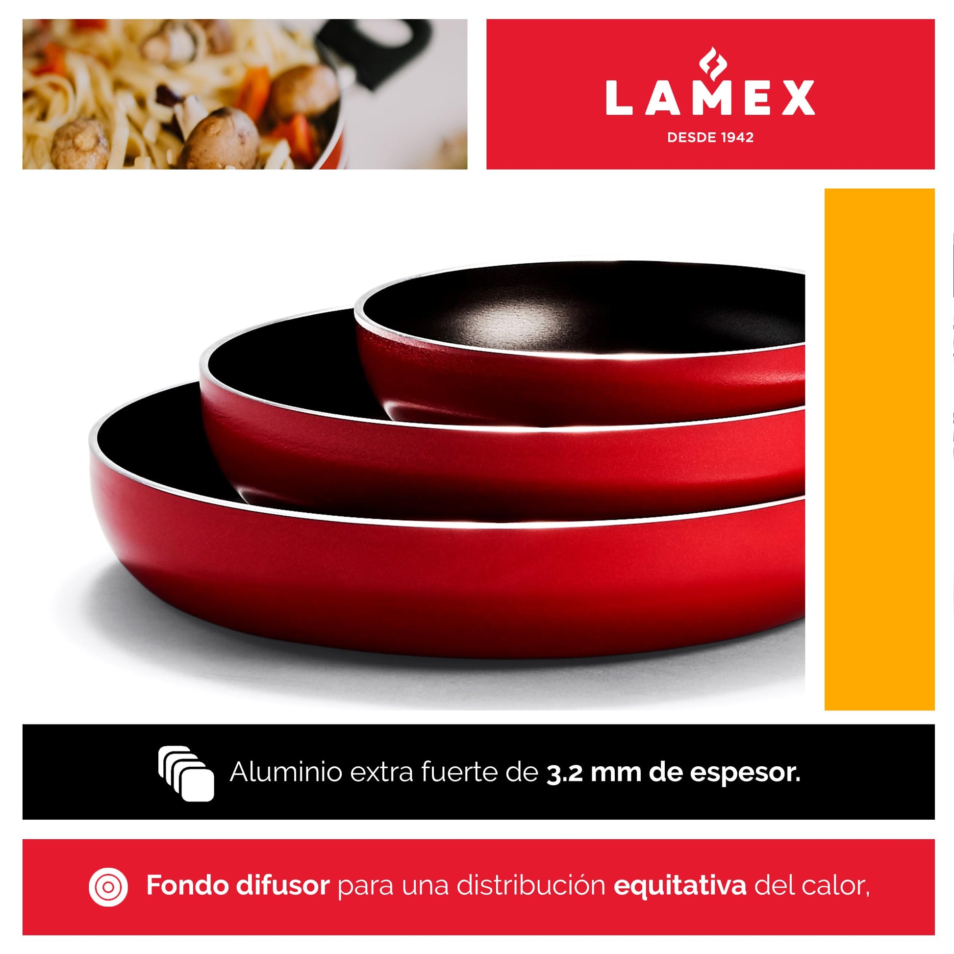 LAMEX | Juego x3 Sartenes Antiadherentes - Profundos | Utensillos de Cocina | Ideal para tu Hogar & Cocina Integral | 18-24-28 cm - Resistencia 3.2 mm de Espesor | Color Rojo