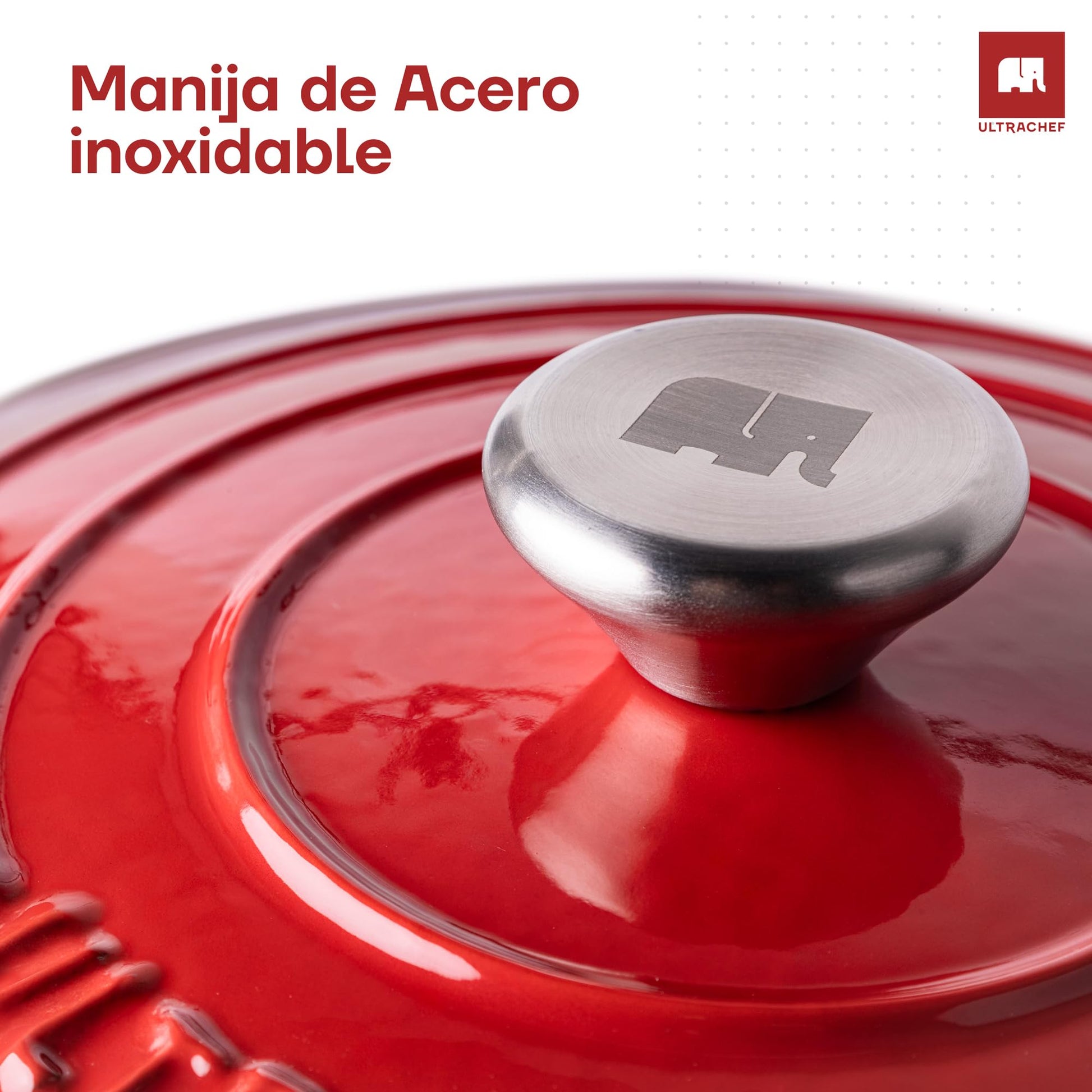 ULTRACHEF Olla de Hierro Fundido Esmaltado para Estufa y Horno | Horno Holandés Cubierto de Hierro Fundido | Dutch Oven | Redonda | Tamaño 24 cm, Capacidad 3.8 Litros, Rojo