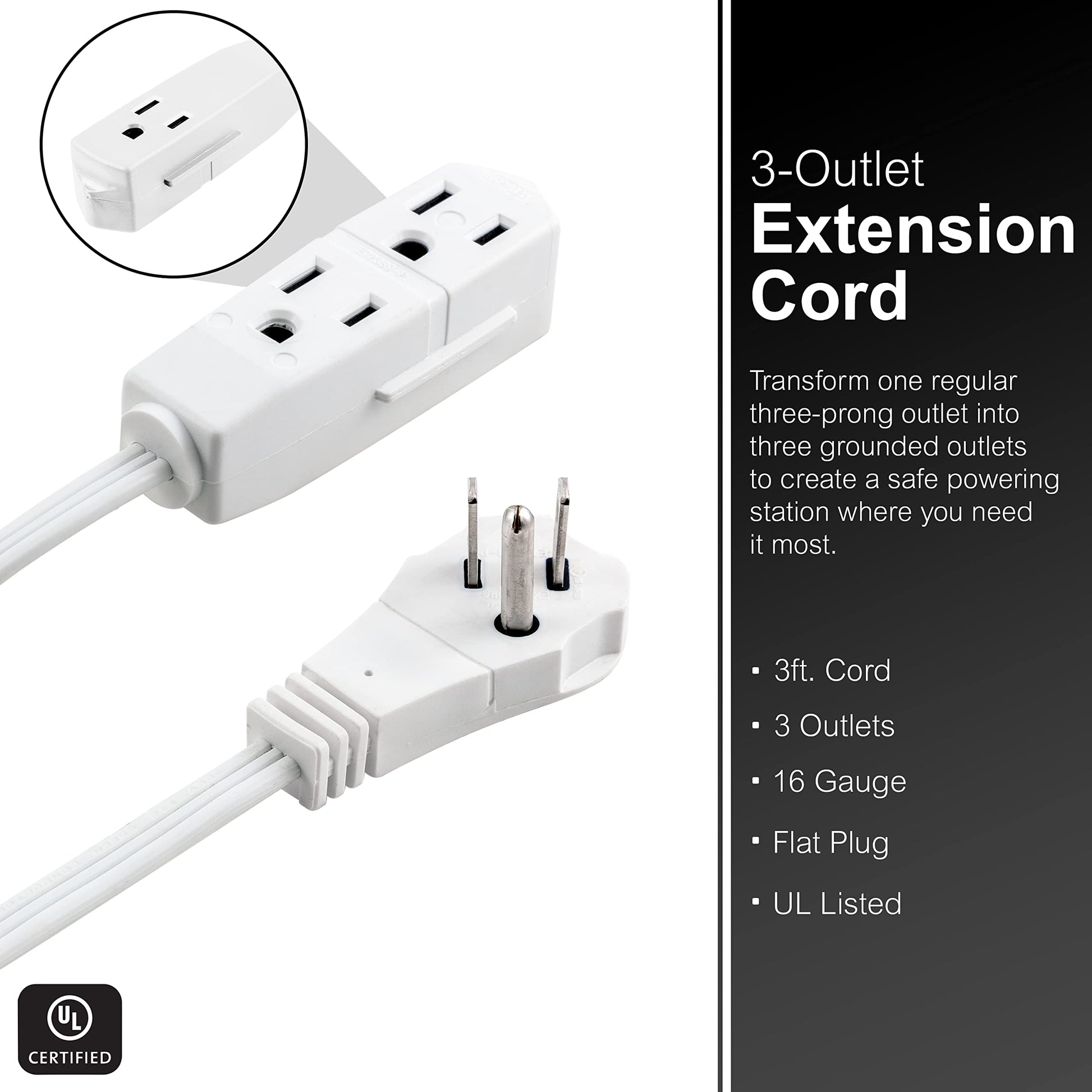 GE 69869 - Cable de extensión Plano de 3 tomacorrientes con múltiples tomacorrientes, Extensor de Salida de 3 Puntas, Enchufe Plano, Calibre 16 para Interiores, certificación UL, Blanco