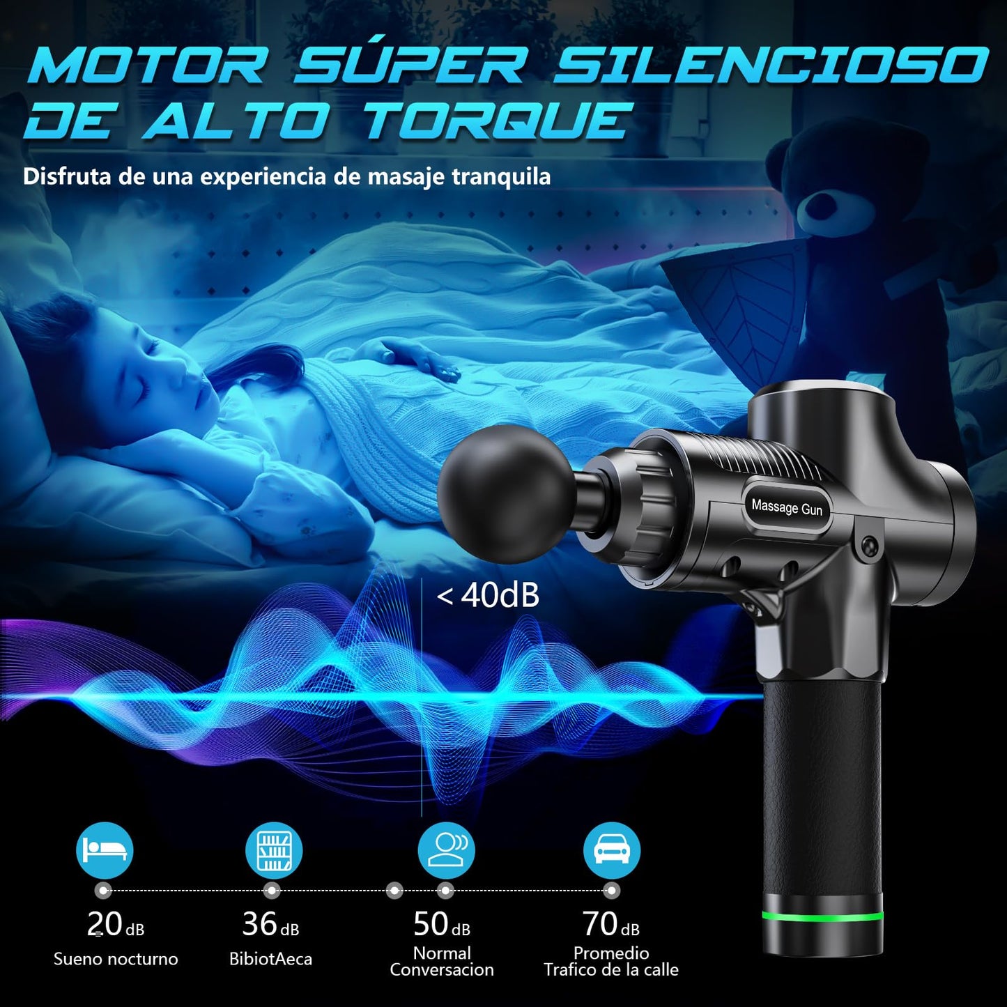 Pistola de Masaje Muscular, Masaje Eléctrico de Mano con 8 Cabezales y 30 Velocidades Ajustables, Masajeador Muscular de Tejido Profundo para Aliviar el Dolor, Dispositivo de Masaje Masajeadores Eléctricos Ideal para Músculos, Hombros, Cuello, Espalda, Pi