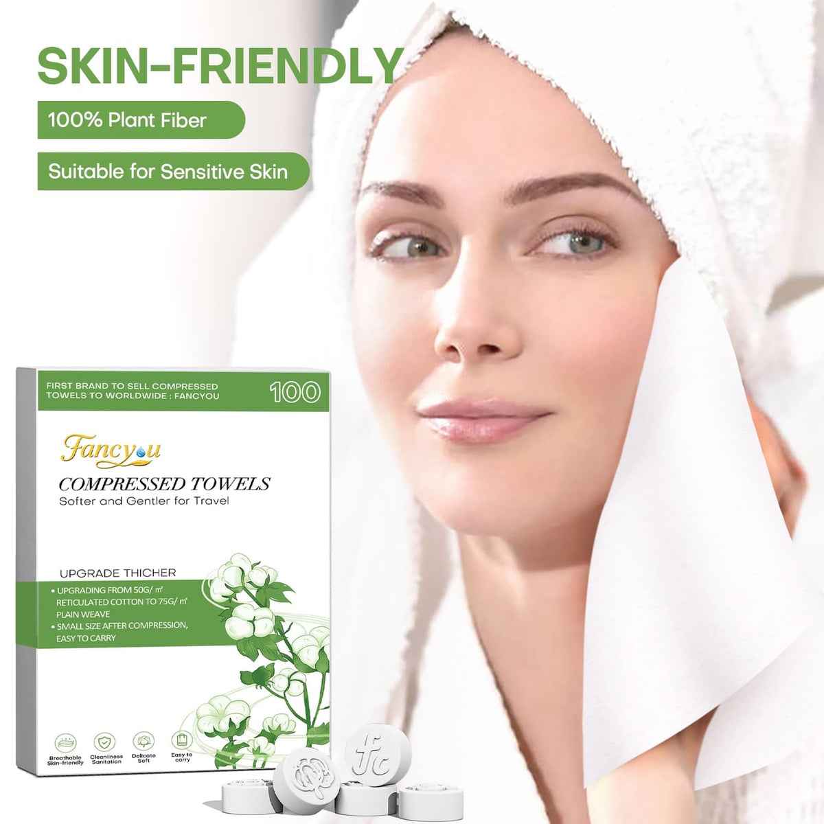 Fancyou Toalla Facial Desechable Comprimida Toallitas Desmaquillantes - Mini Paños Biodegradables Cara - Wipes Quitar Maquillaje Kit Viaje para Travel Essentials,Belleza Salón(100 Unidad Verde)