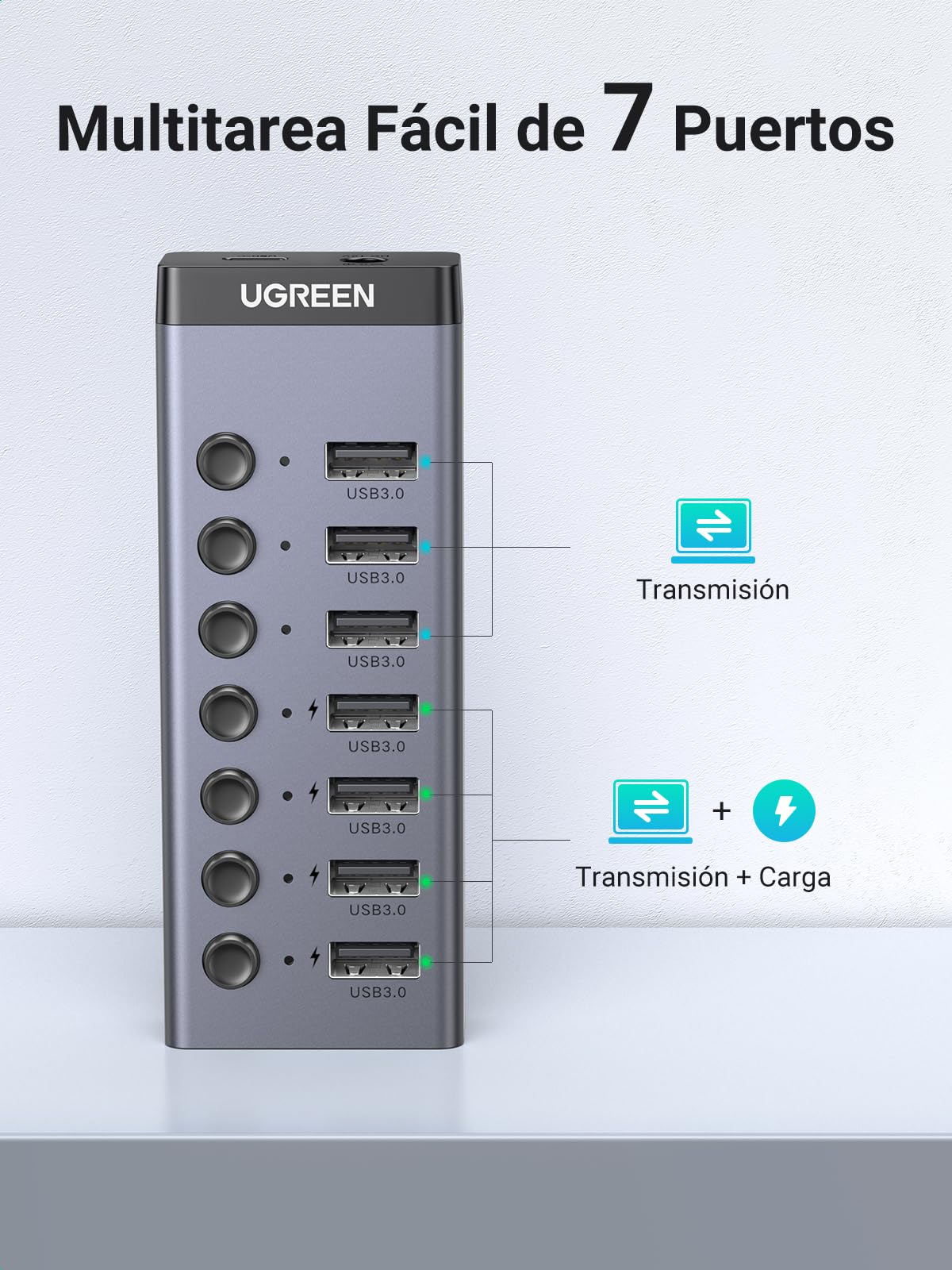 Hub USB 3.0 UGREEN Negro con 7 Puertos Independientes para PC, Portátil, Mac y MacBook Pro/Air