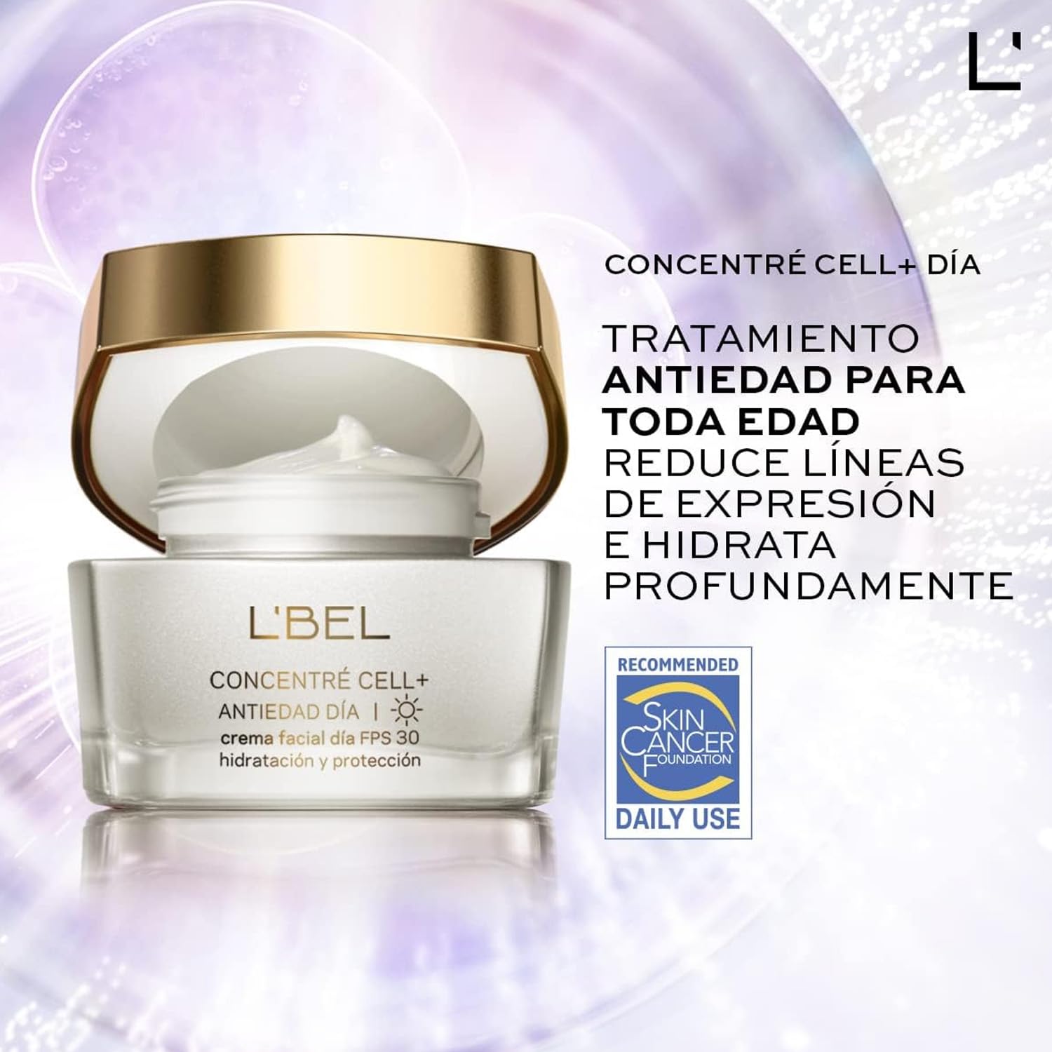 L'BEL - Concentré Cell + Día Crema para Rostro 50 g, Crema Facial Antiedad, Hidrata y Protege la Piel, Protección FPS 30, Reduce Líneas de Expresión y Arrugas, Tecnología de Acción Celular