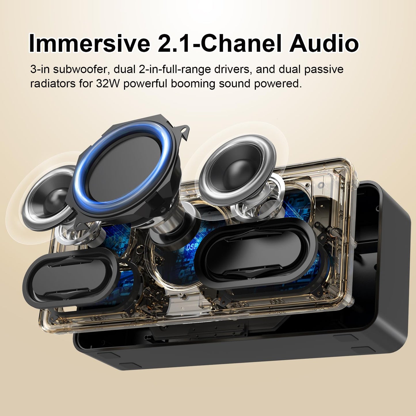 DOSS SoundBox XL - Altavoz Bluetooth con subwoofer, sonido fuerte de 32 W con graves en auge, tecnologías DSP, tiempo de reproducción de 10 horas, USB-C, TWS, canal de audio 2.1 para el hogar,