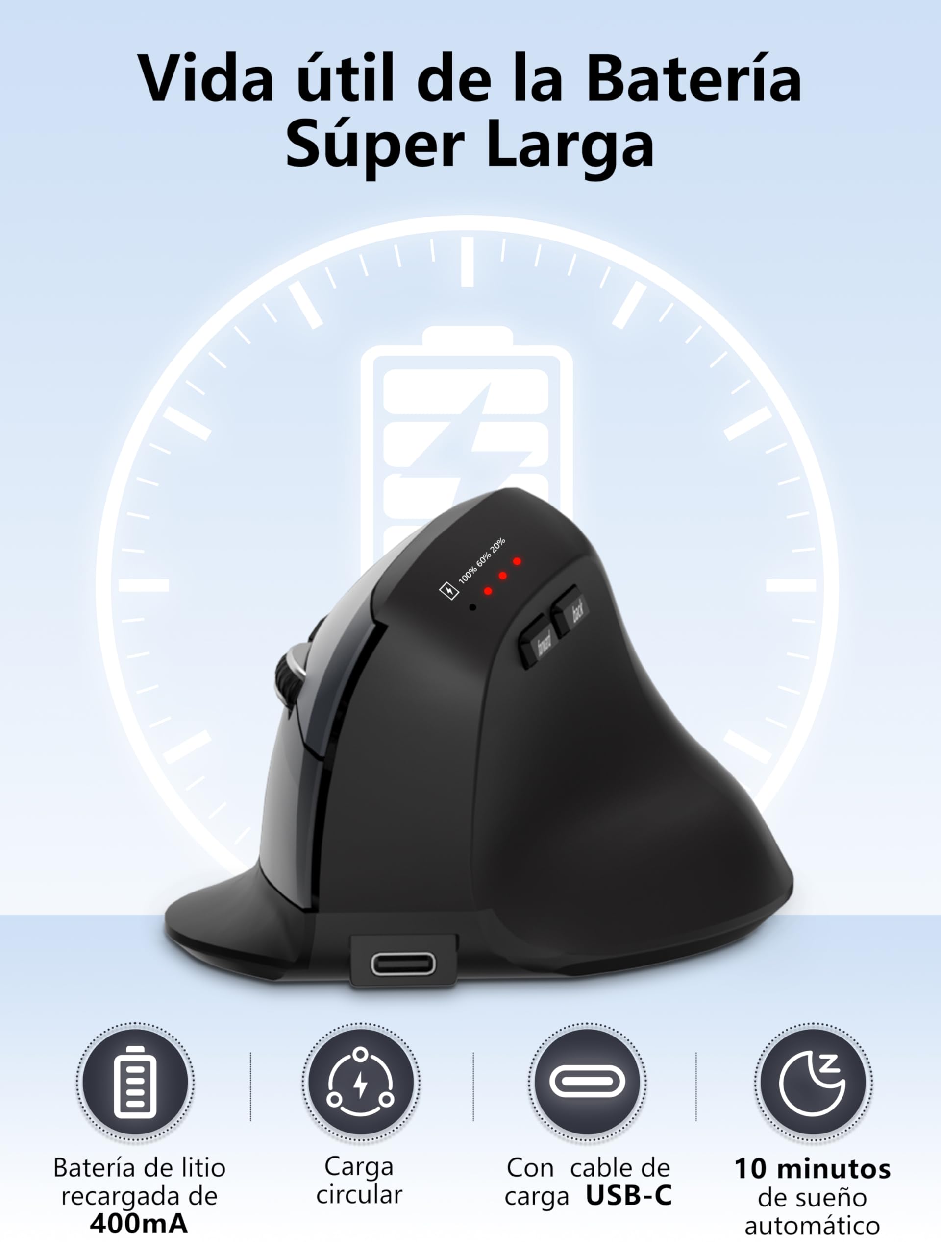 Ratón Vertical Bluetooth 5.2 Minielec Negro Ergonomía Recargable USB C 2.4Ghz 3 Niveles dpi