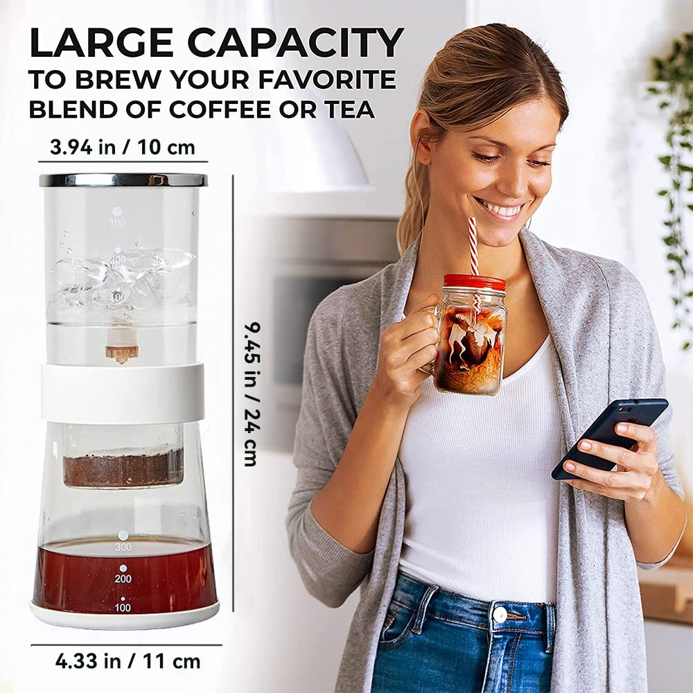 BLARYETI - Cafetera para goteo de hielo, 14 onzas, café frío, gotero suave, lento, frío, gotero, concentrado, con flujo de agua ajustable, filtro de acero inoxidable