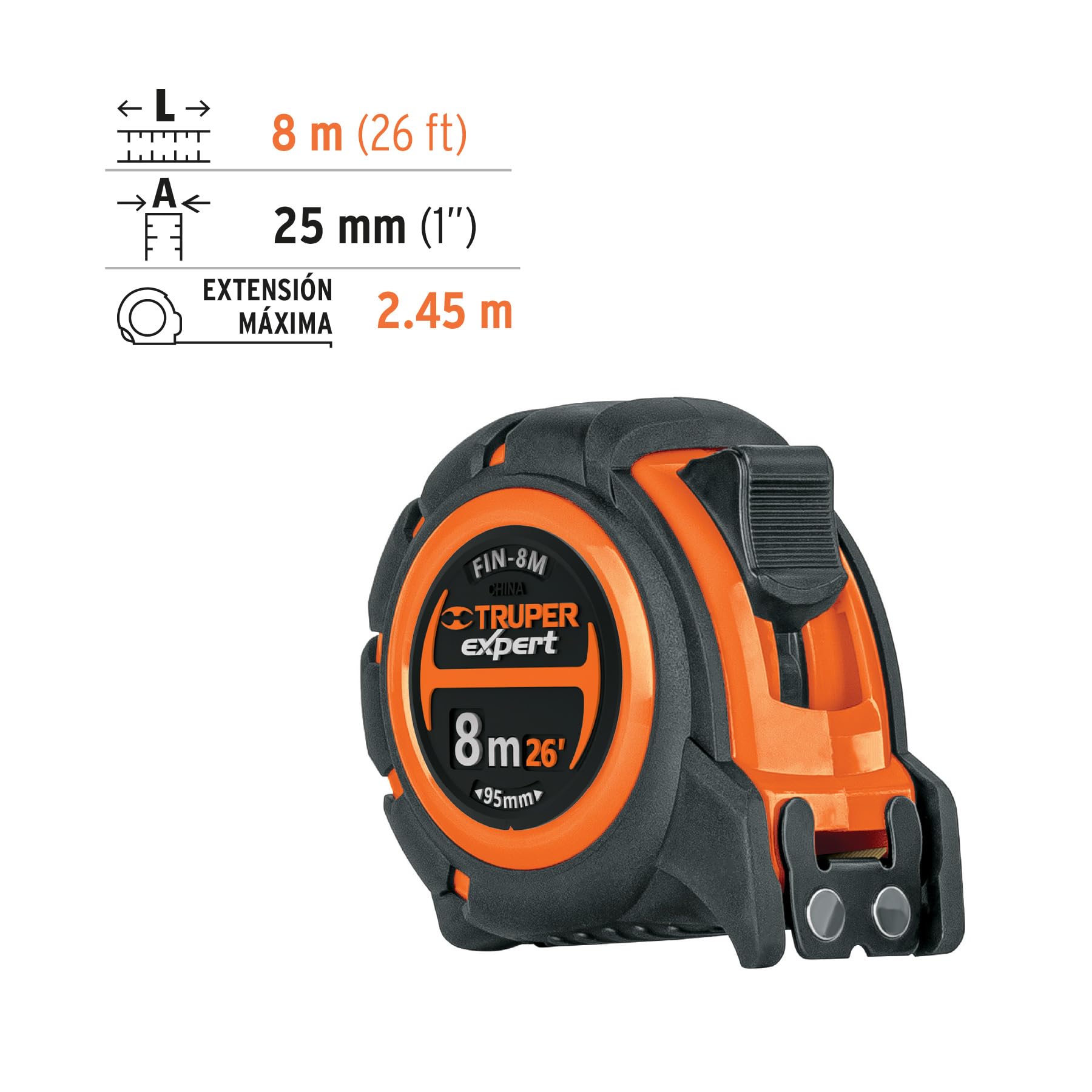 Flexómetro Truper Expert 8 m Cinta 25 mm antiimpactos