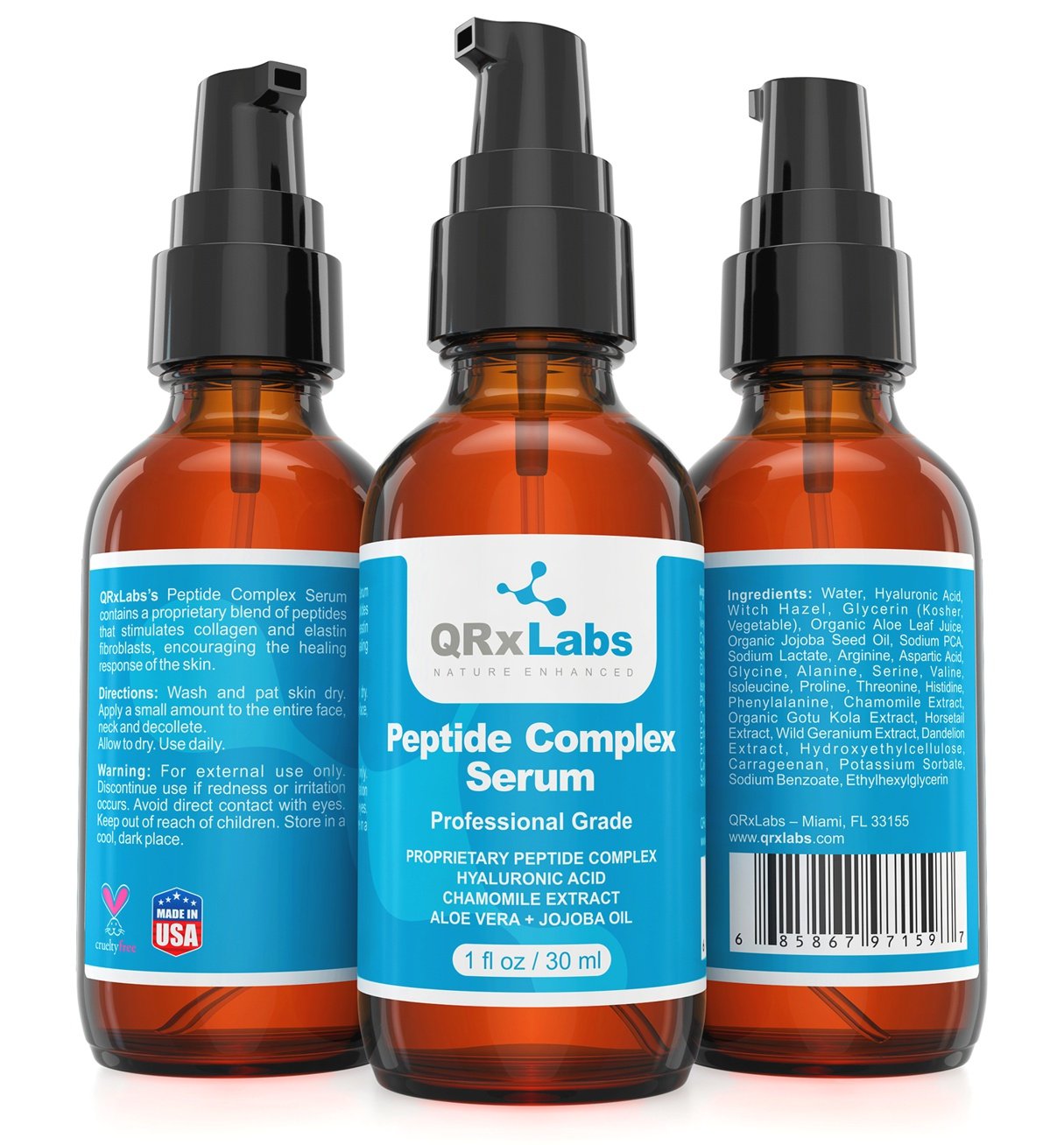 Peptide Complex Serum / Collagen Booster for the Face with Hyaluronic Acid and Chamomile Extract - Anti Aging Peptide Serum, Reduces Wrinkles, Heals and Repairs Skin - Tightening Effect - 1 fl oz