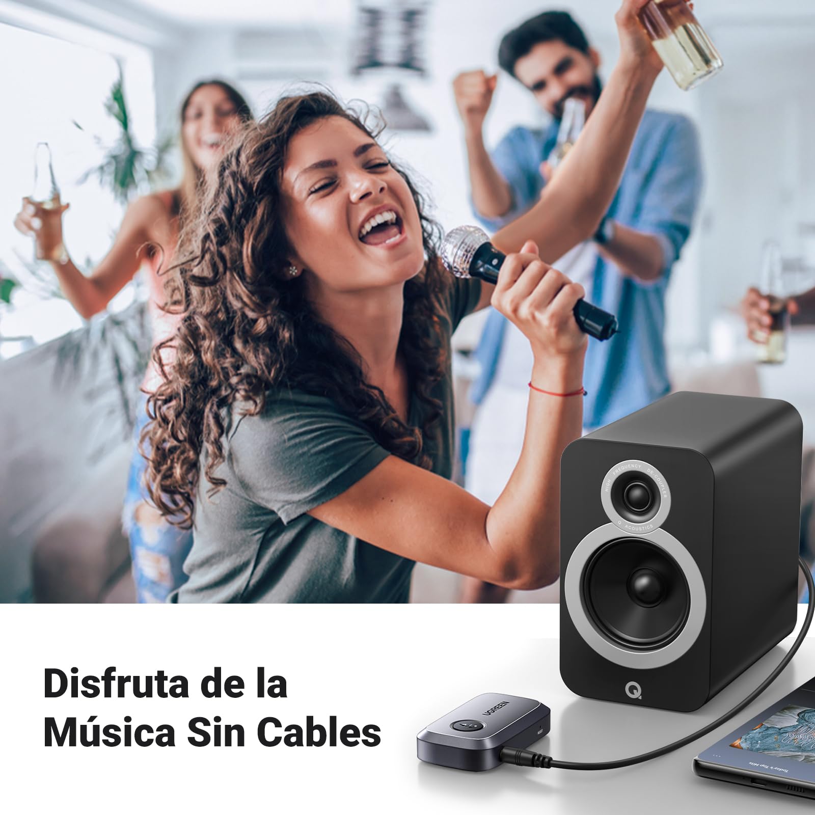 Receptor Bluetooth 5.3 UGREEN Negro con Micrófono para Coche y Llamadas Manos Libres