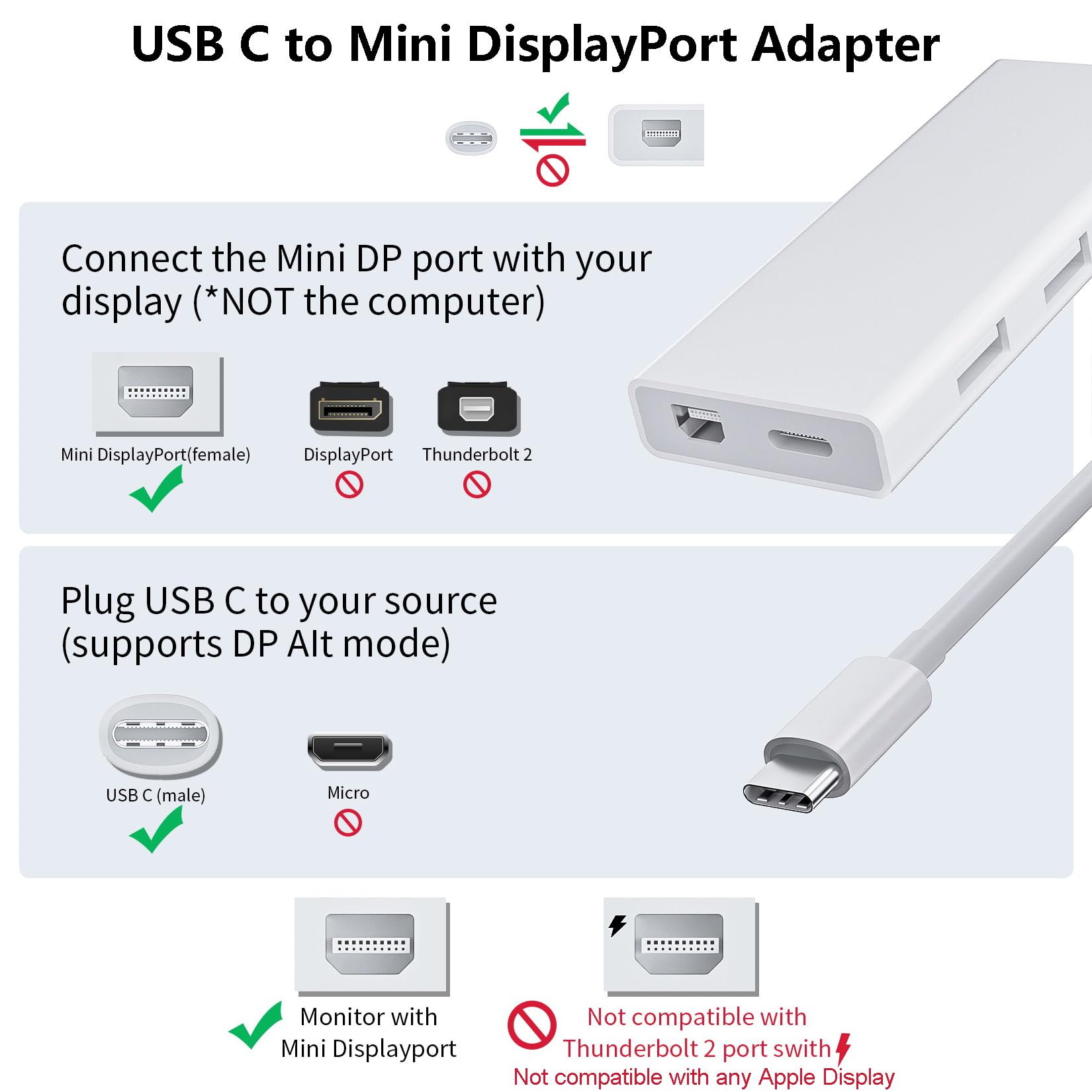 Adaptador USB C a Mini DisplayPort 4K a 60Hz con Puerto de Carga PD de 65 W y 2 Puertos USB 2.0