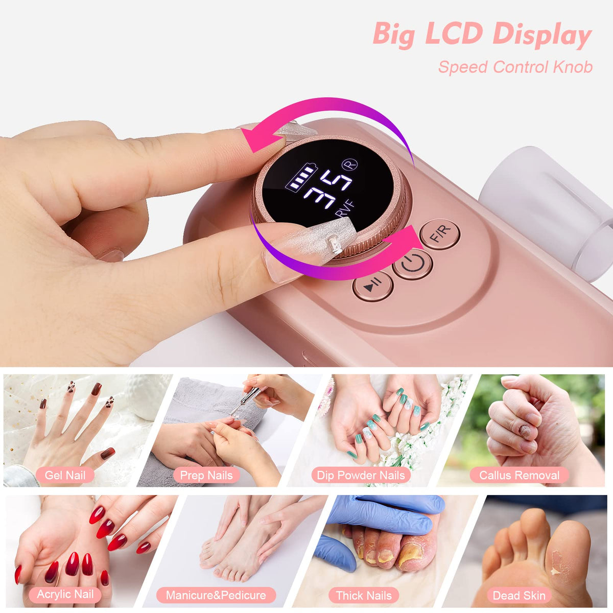 Taladro de Uñas Recargable Portátil 35000 RPM con Lima E y Brocas para Manicura y Pedicura