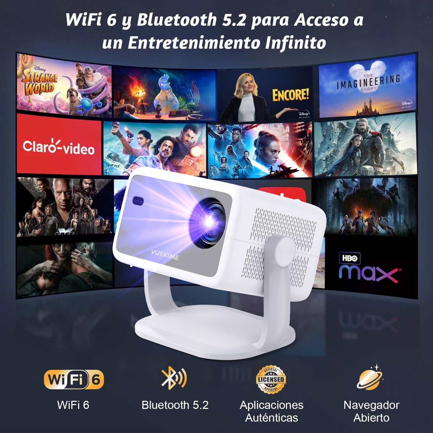 VUEKIME Proyector 4K Portátil Compatible con Netflix – Android 13, Autoenfoque, Keystone Automático | WiFi 6 de Doble Banda, Bluetooth 5.2, 1080P Nativo, 500 ANSI y Sonido 3D HiFi