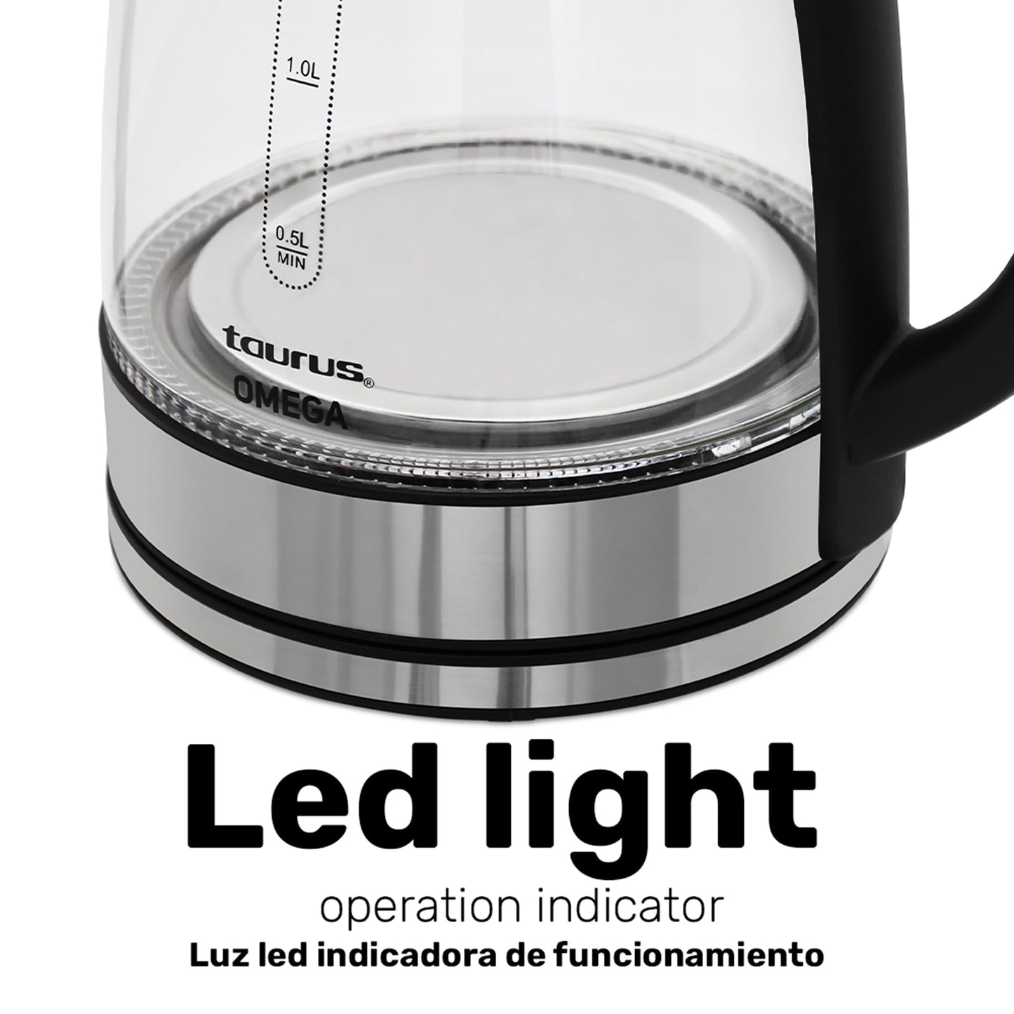 Tetera Eléctrica Taurus Omega Cristal Luz led Jarra Inalámbrica 1,8 Litros Base Removible