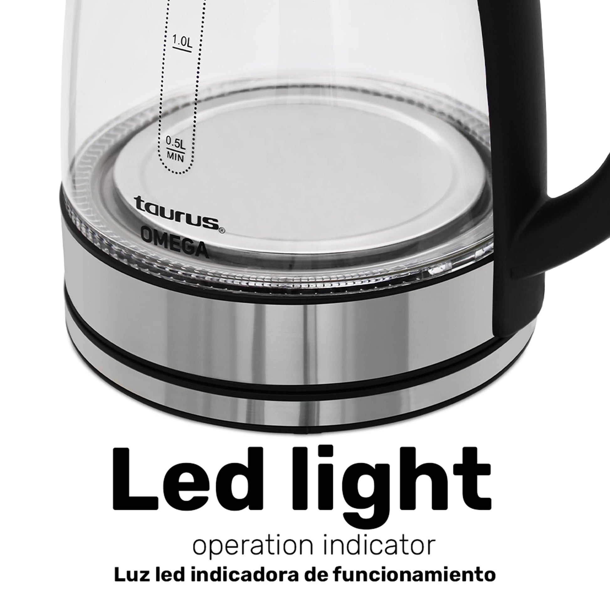 Tetera Eléctrica Taurus Omega Cristal Luz led Jarra Inalámbrica 1,8 Litros Base Removible