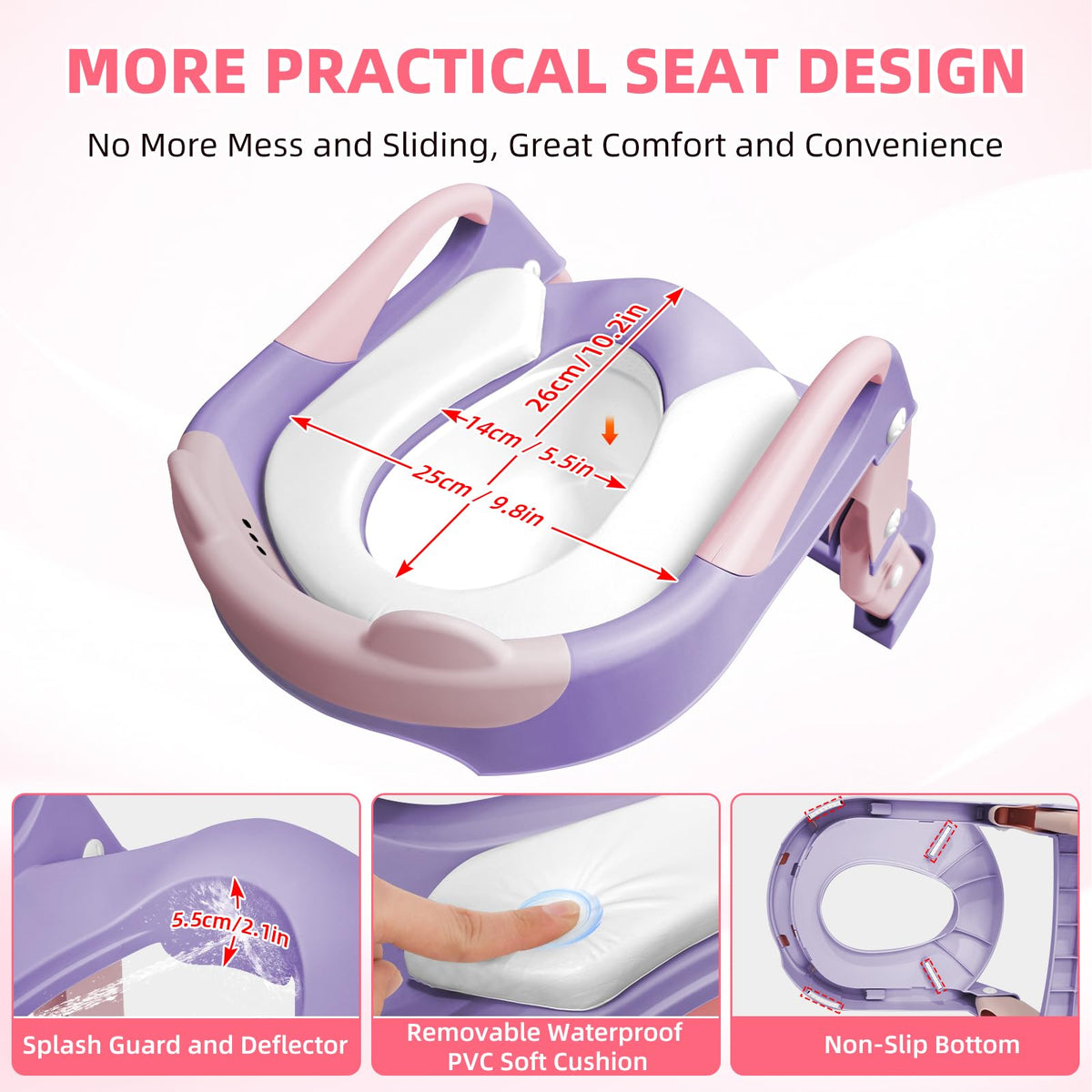Asiento de entrenamiento para ir al baño, asiento de inodoro para niños y niñas, inodoro 3 en 1 con taburete de escalón, antideslizante plegable (morado + rosa)