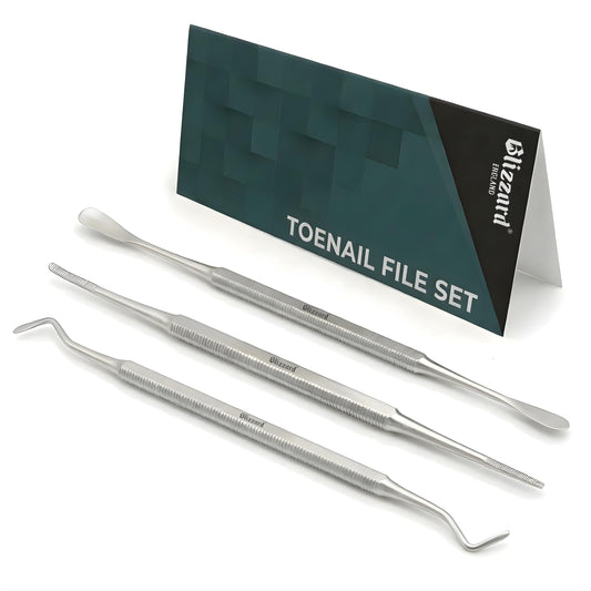 Blizzard Kit Pedicura Profesional 3 Piezas - Herramientas para Uñas Encarnadas y Delicadas - Utensilios de Acero Inoxidable Podología Limpiador Elevador Lima Doble Cuidado de Pies Premium