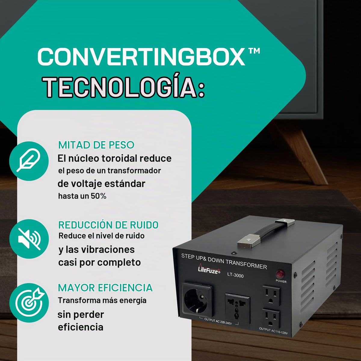 Convertidor de Voltaje LiteFuze LT Series 3000 W con Enchufe Universal Certificado CE